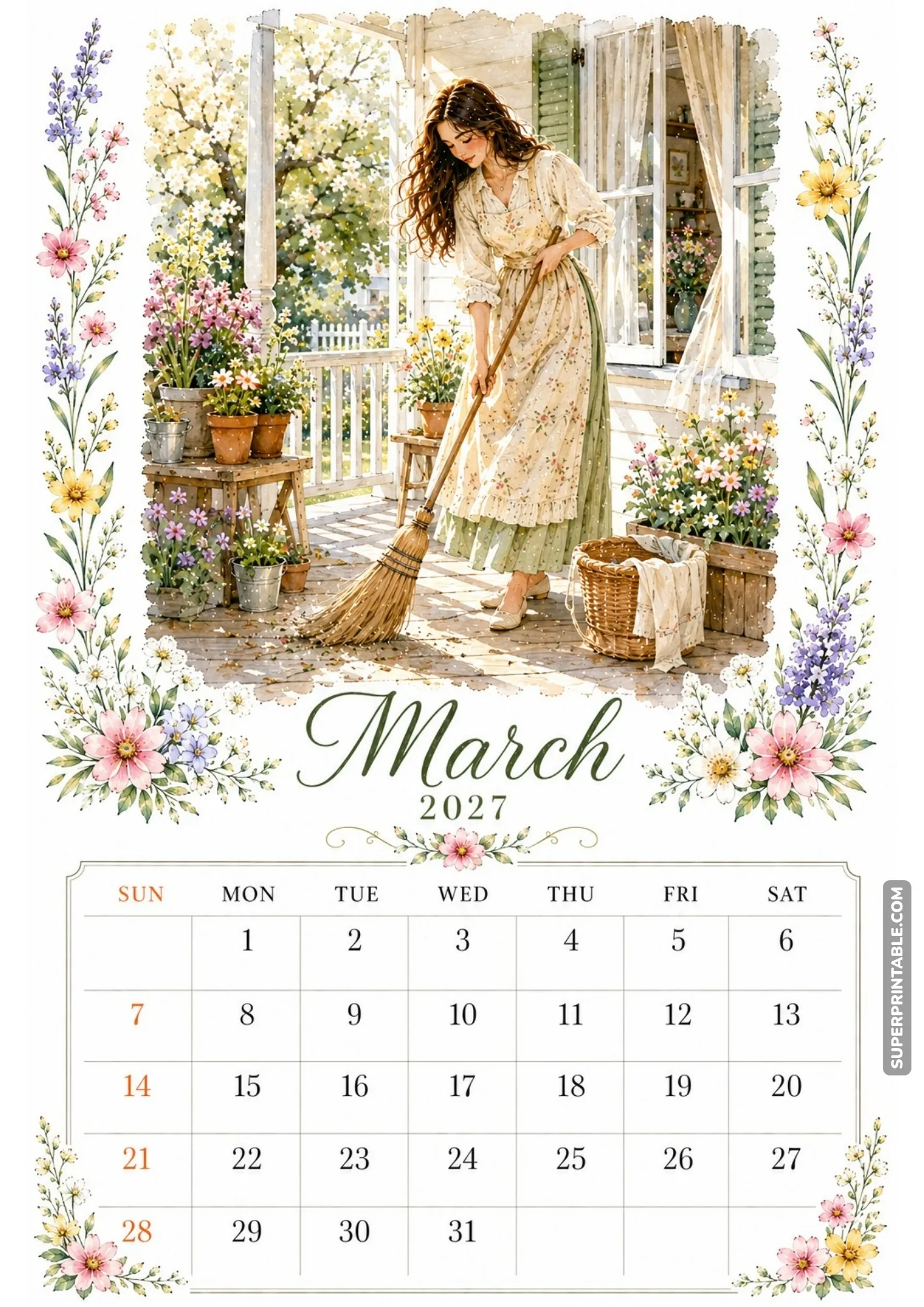 Spring cleaning theme printable calendar artwork showing a woman sweeping a sunlit porch filled with potted plants.