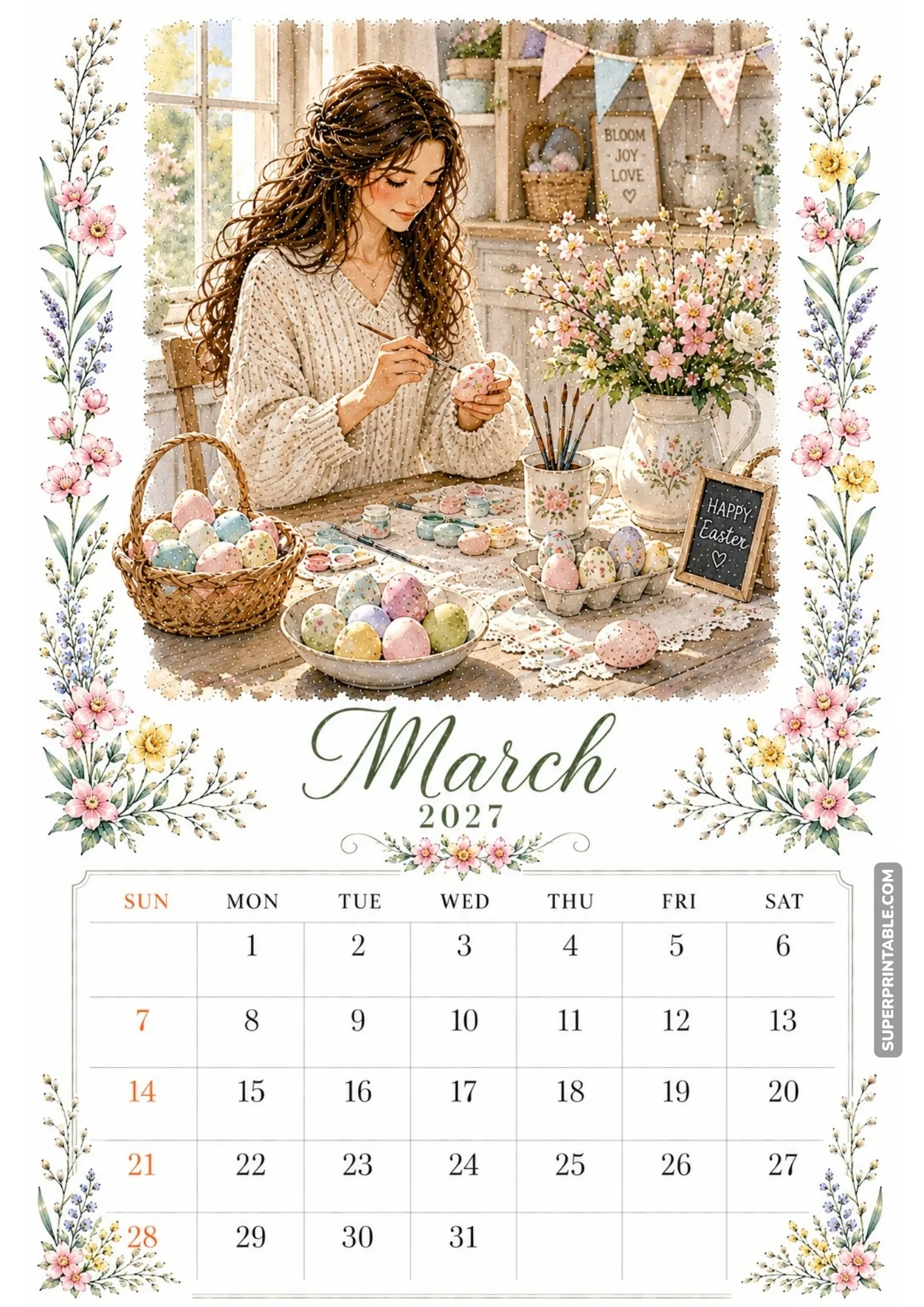 Tulip garden watering scene calendar page featuring a watercolor woman caring for bright spring flowers.