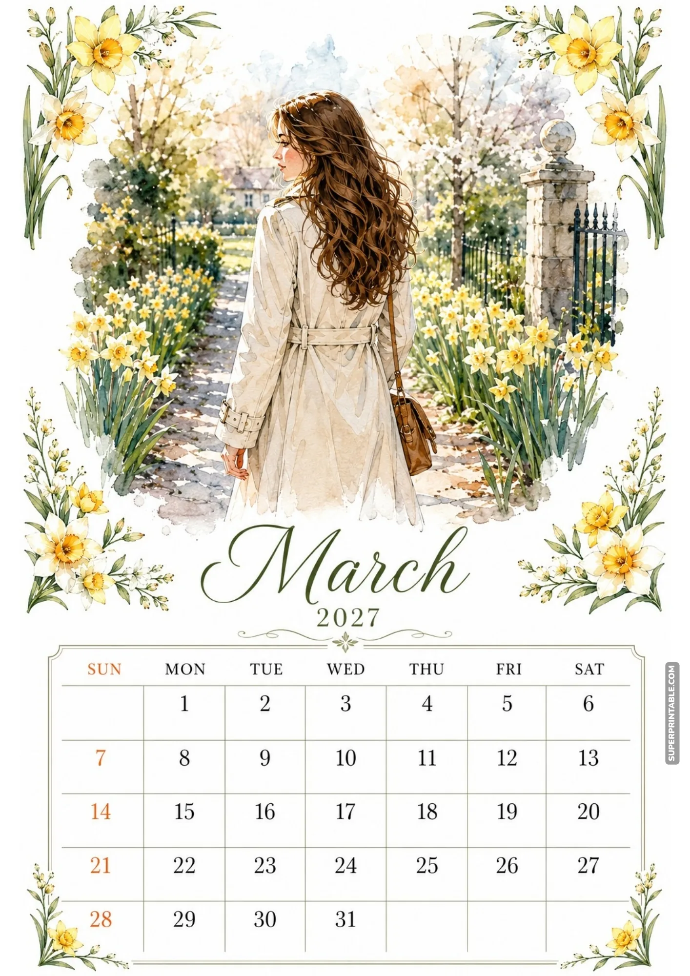 Soft watercolor monthly calendar layout with a woman in a trench coat strolling past rows of blooming yellow daffodils.