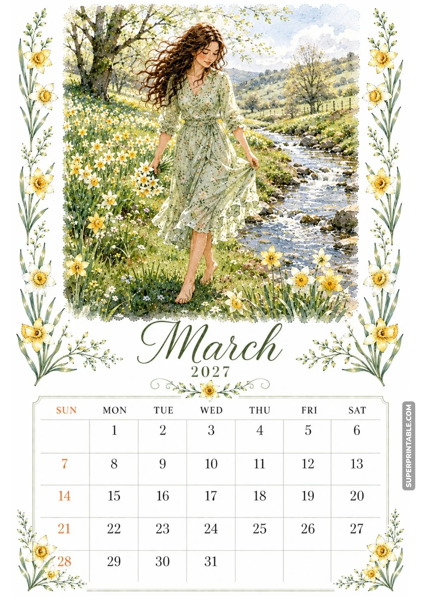 Woodland floral monthly calendar printable depicting a barefoot girl walking beside a babbling brook with daffodils.