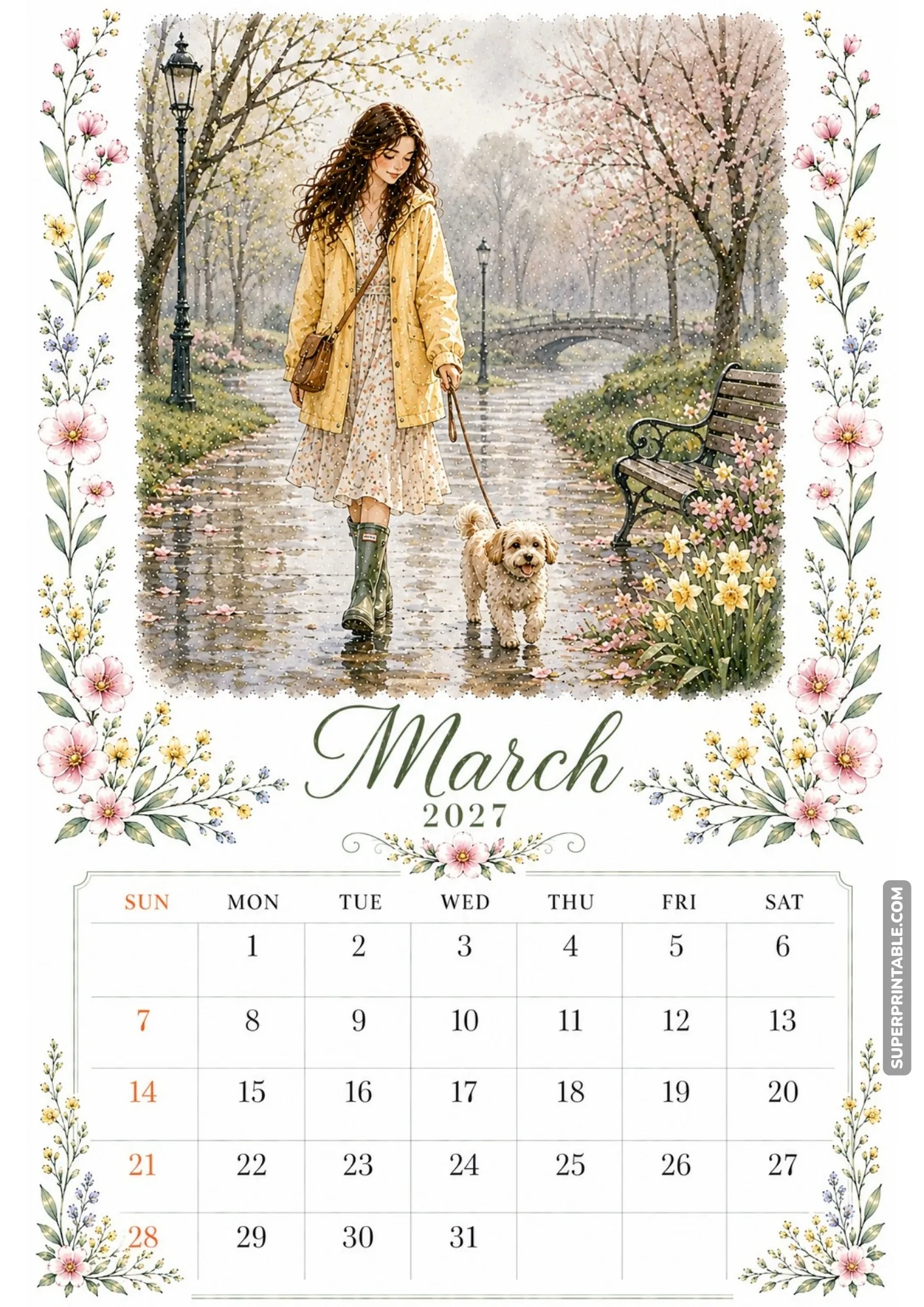 Spring rain watercolor monthly calendar showing a girl in a yellow jacket walking her puppy on a glistening path.