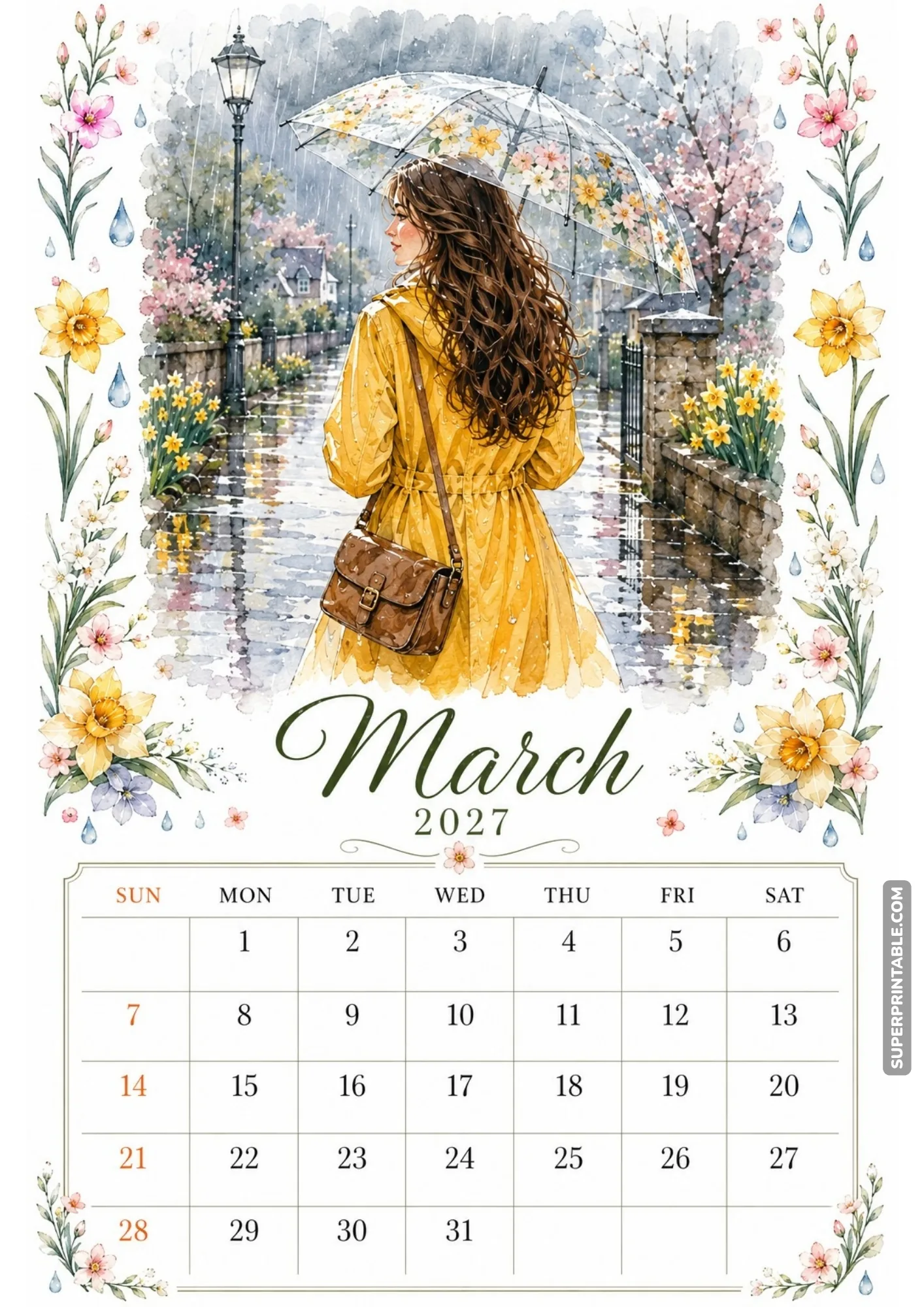 Countryside stream calendar printable page featuring a woman walking across a rustic stone arch bridge.
