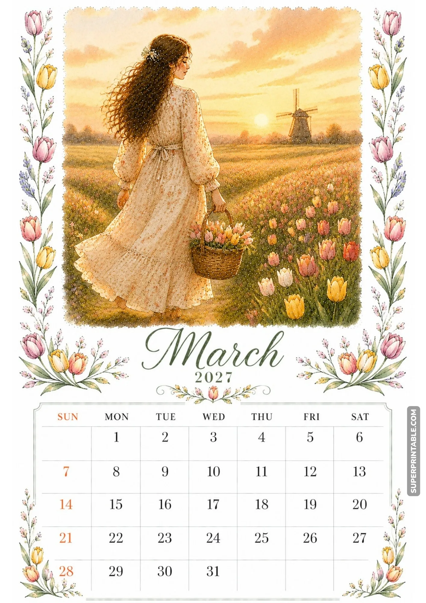 Sunset watercolor monthly calendar page displaying a woman carrying a floral basket through a golden tulip field.