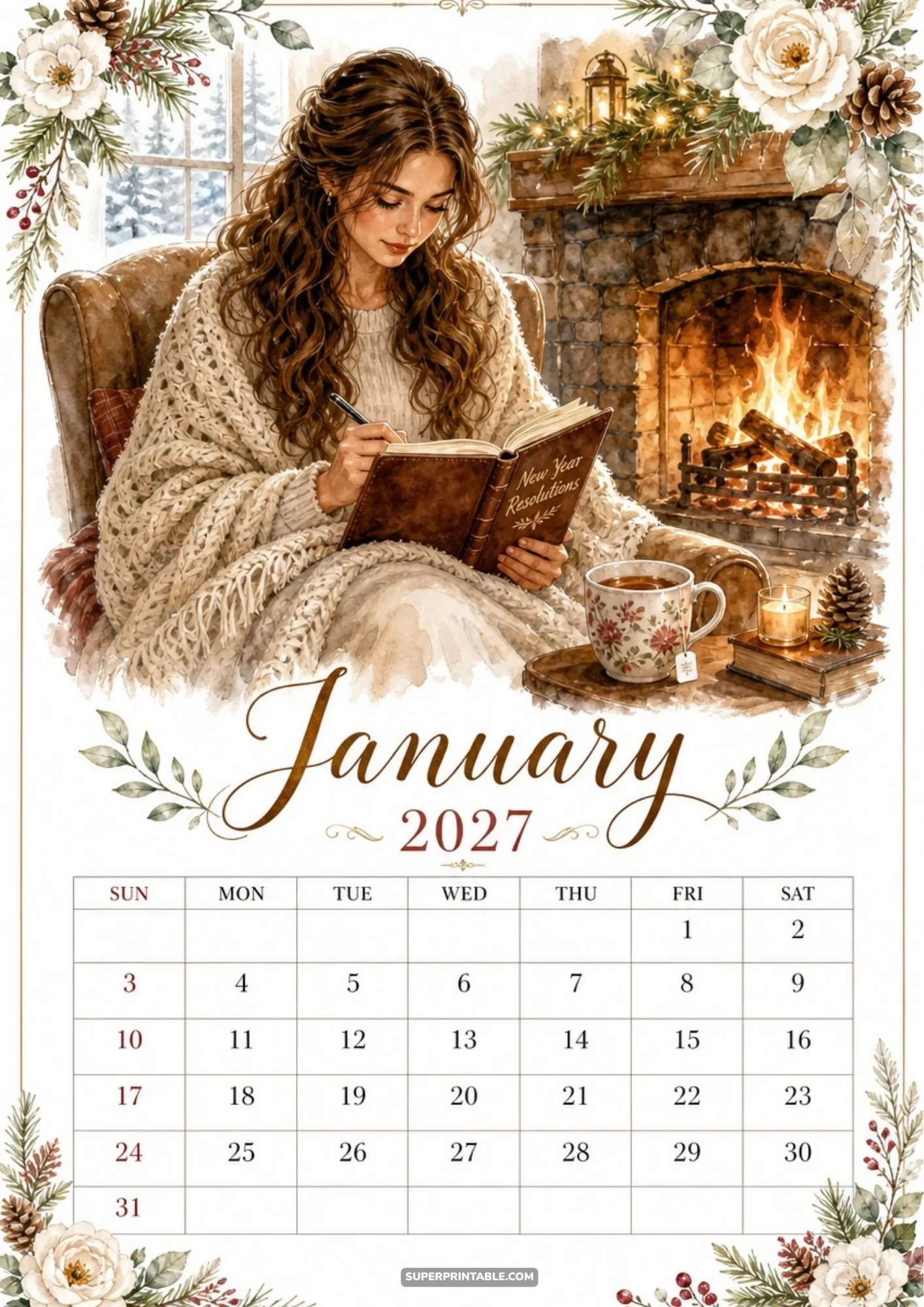 A woman wrapped in a knit blanket writes in a resolutions journal while sitting by a cozy brick fireplace