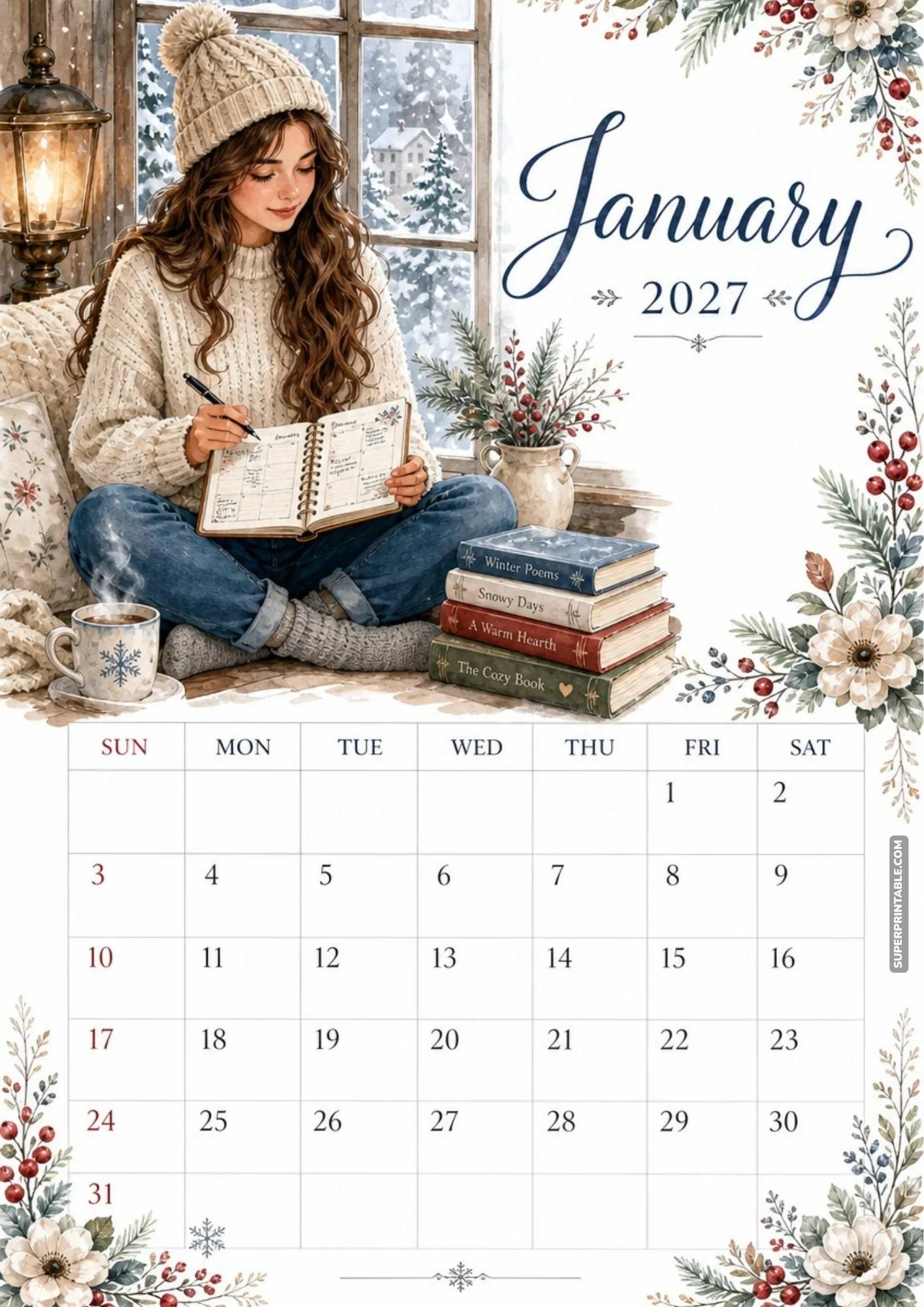 A woman in a knit hat sits on a sofa writing in a notebook near a stack of cozy winter books