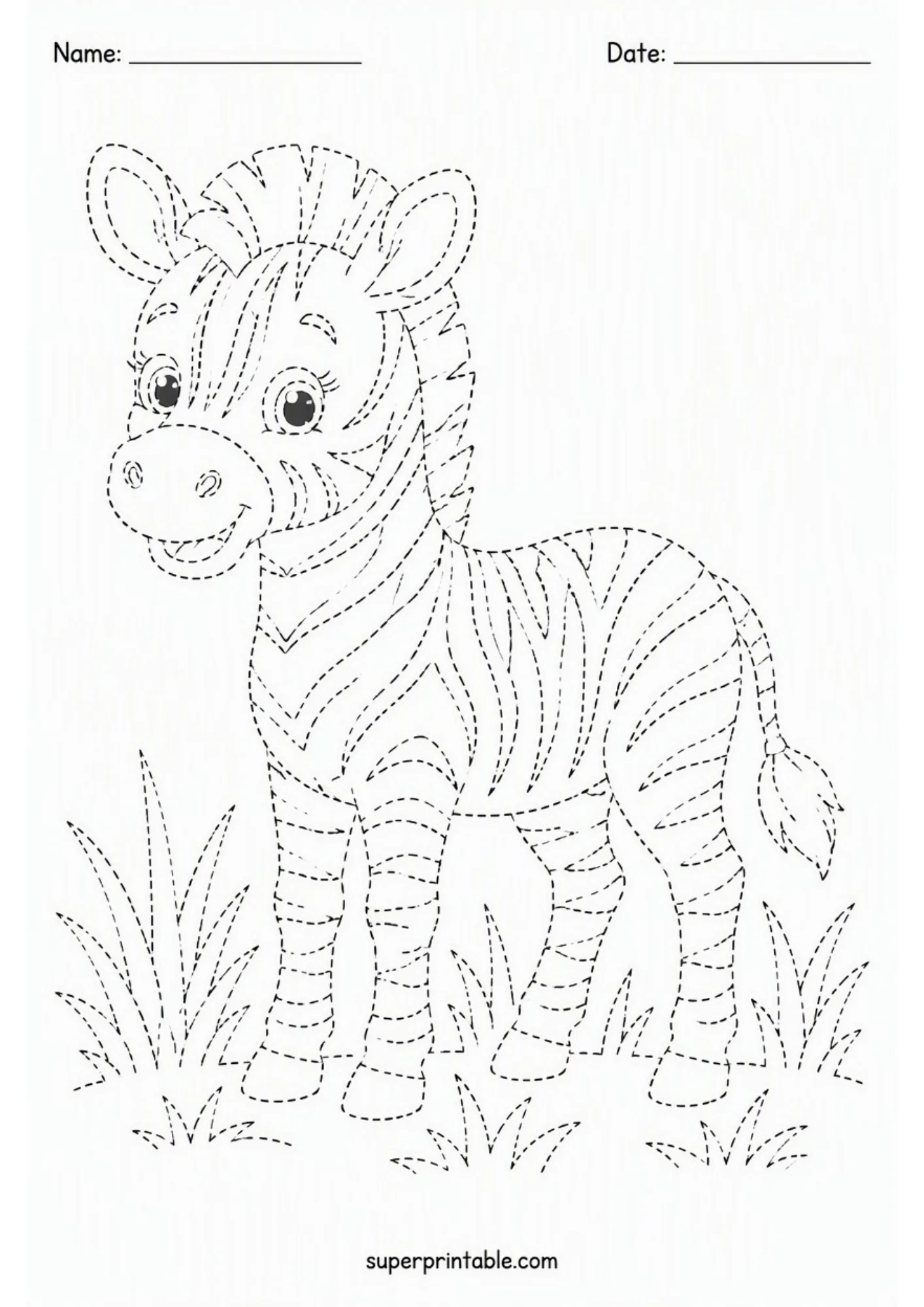 Cute zebra standing in grass dotted line tracing activity sheet for preschoolers.