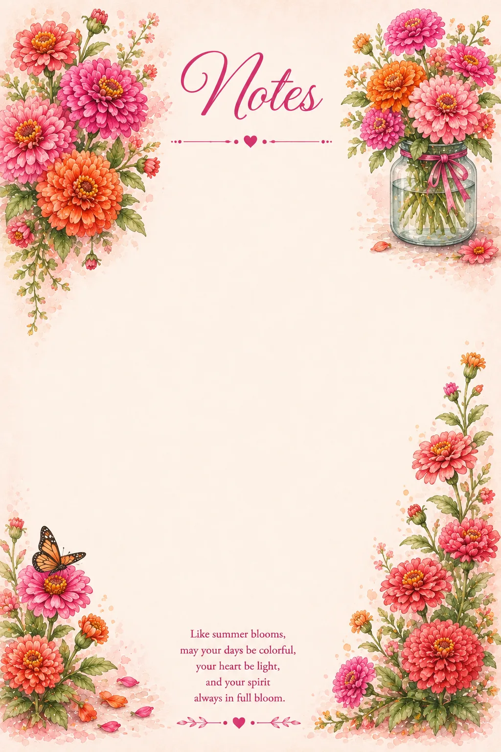 Pink and orange zinnia flowers decorating a beautiful printable stationery sheet.