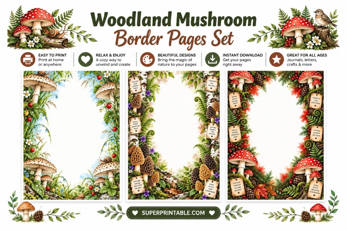 10+ Woodland Mushroom Border Pages Set