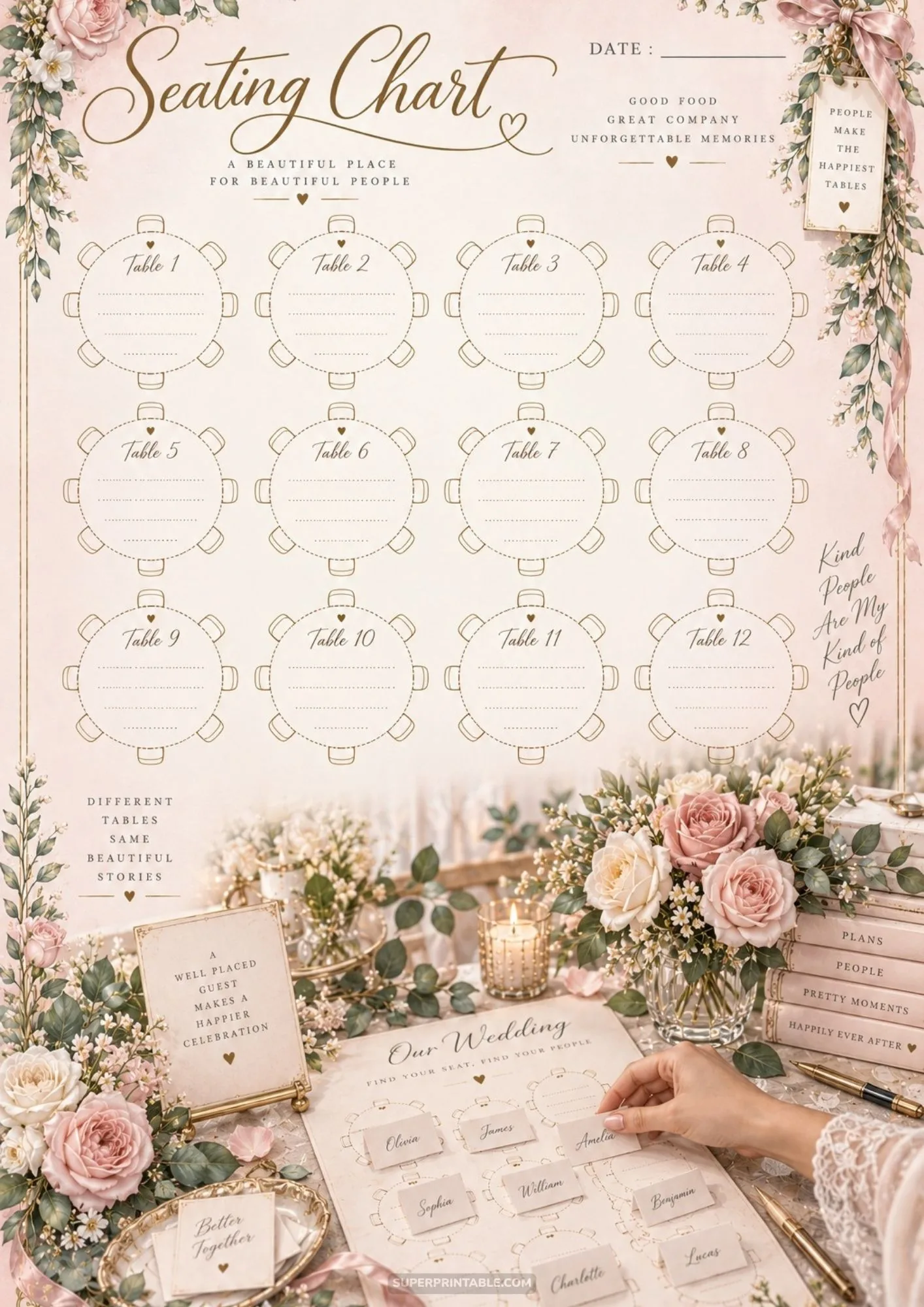 Detailed 12 table reception seating chart display accompanied by guest name cards and floral decorations