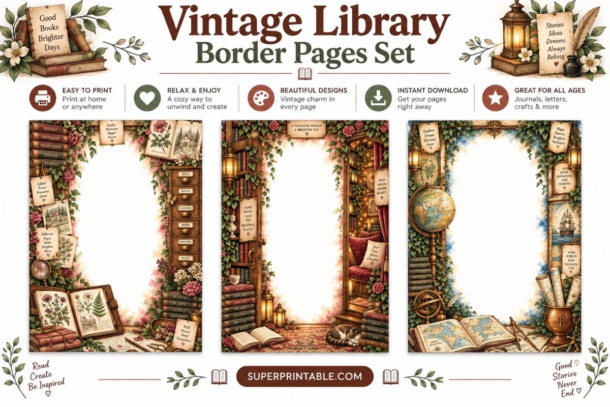 20+ Vintage Library Border Pages Set