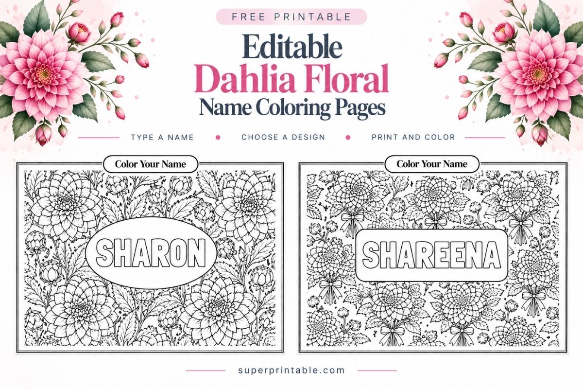 Editable Dahlia Floral Name Coloring Pages