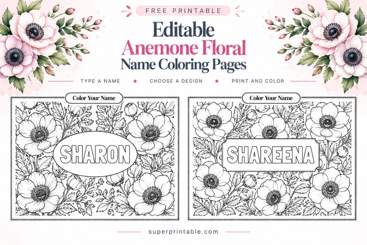 Editable Anemone Floral Name Coloring Pages