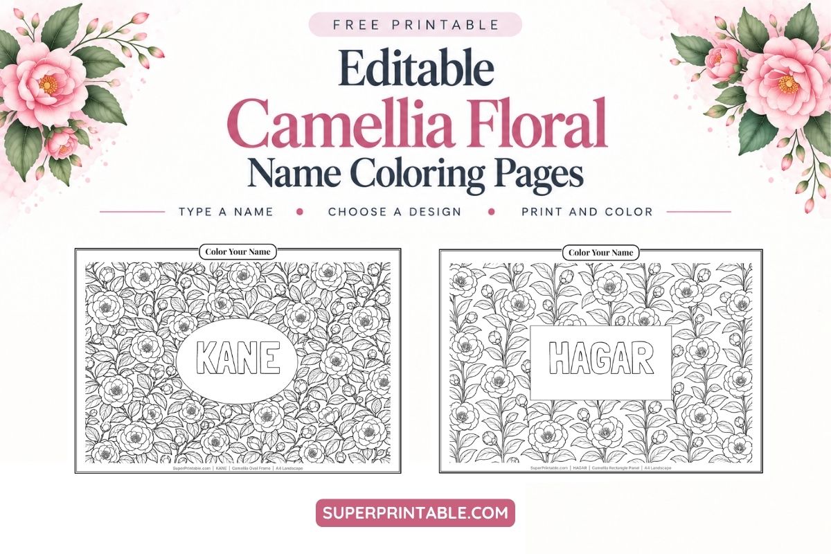 Editable Camellia Floral Name Coloring Pages