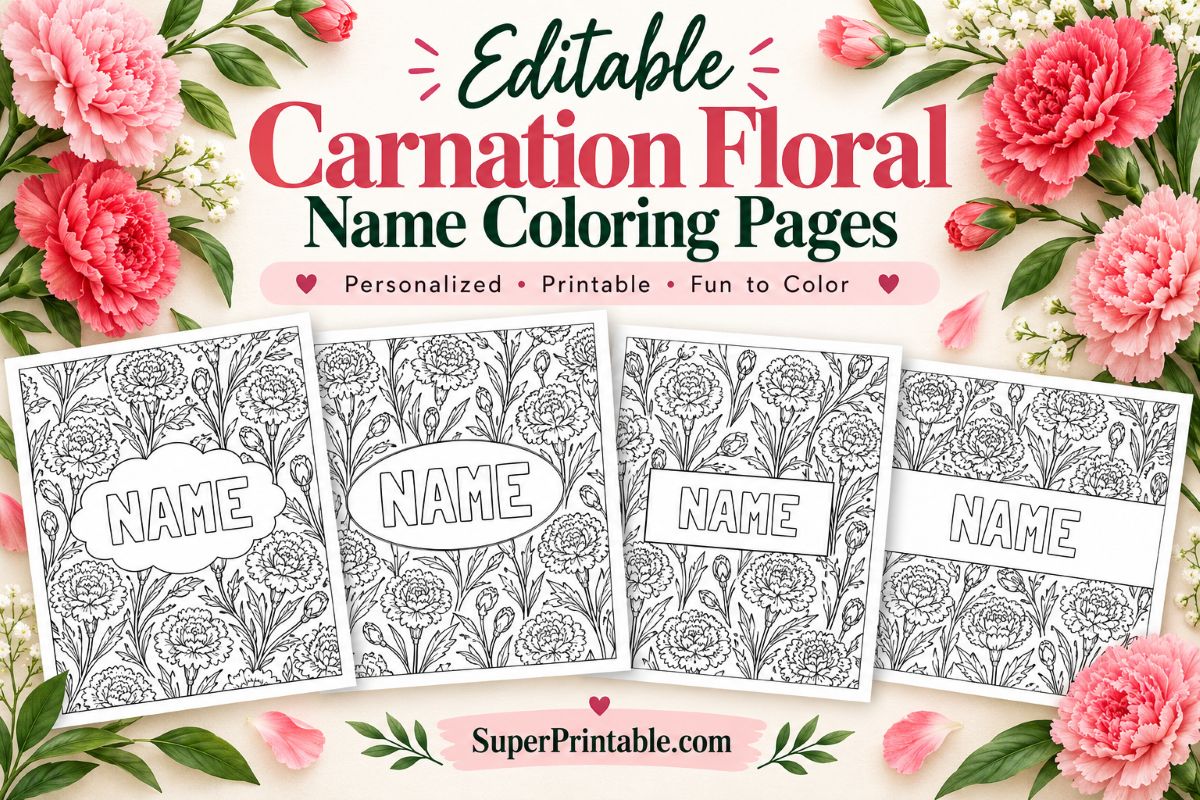 Editable Carnation Floral Name Coloring Pages