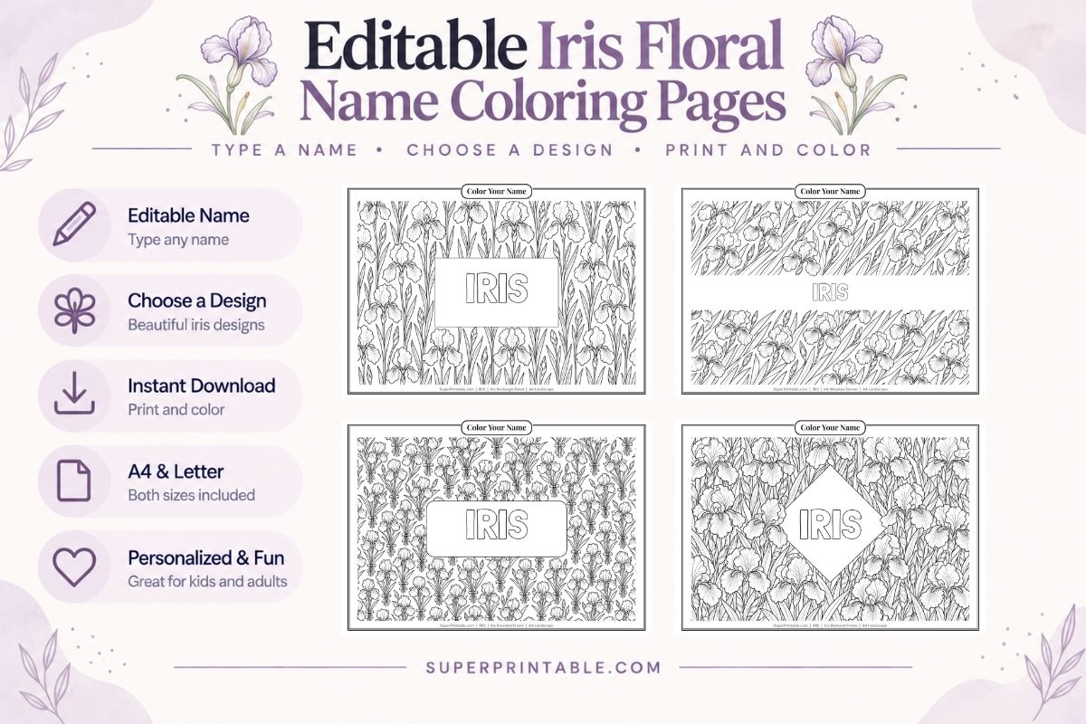 Editable Iris Floral Name Coloring Pages