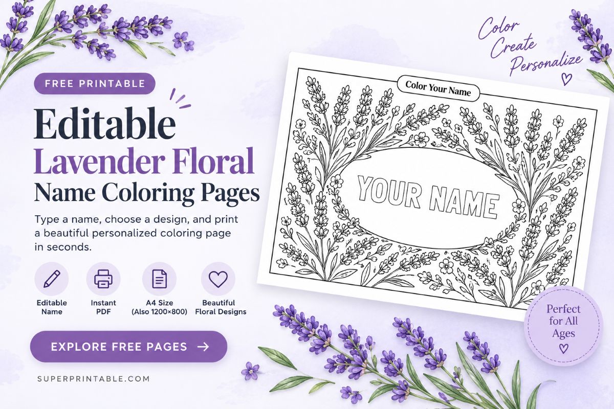 Editable Lavender Floral Name Coloring Pages