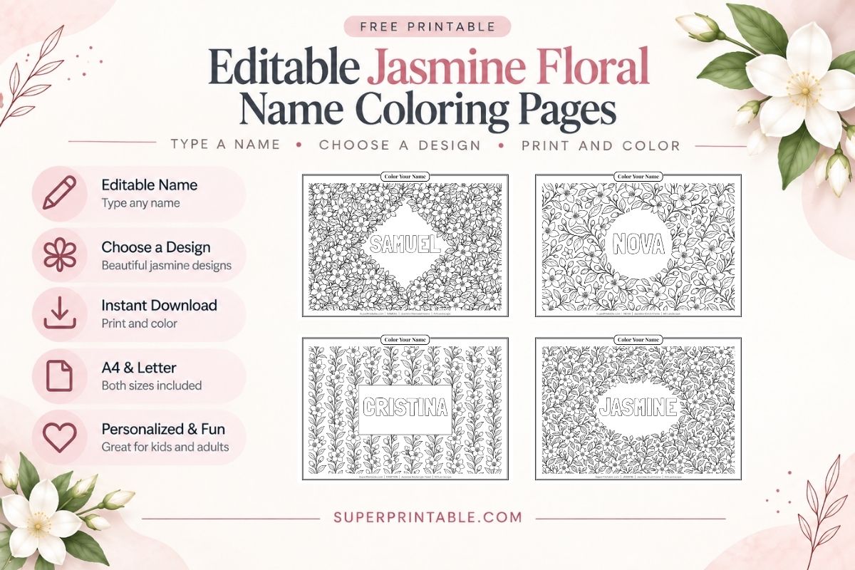 Editable Jasmine Floral Name Coloring Pages