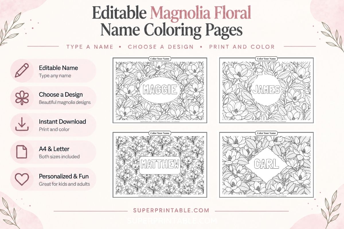 Editable Magnolia Floral Name Coloring Pages