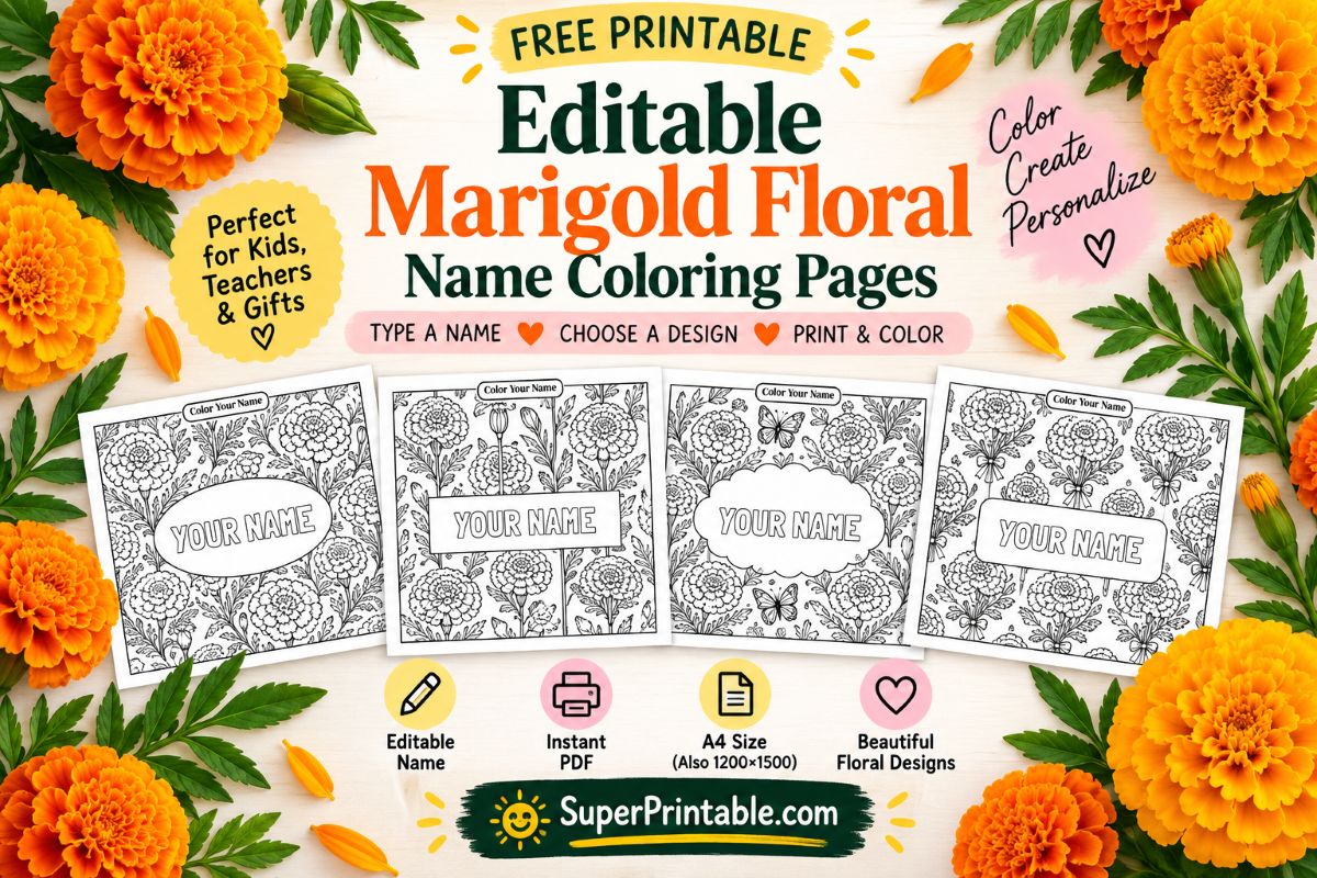 Editable Marigold Floral Name Coloring Pages