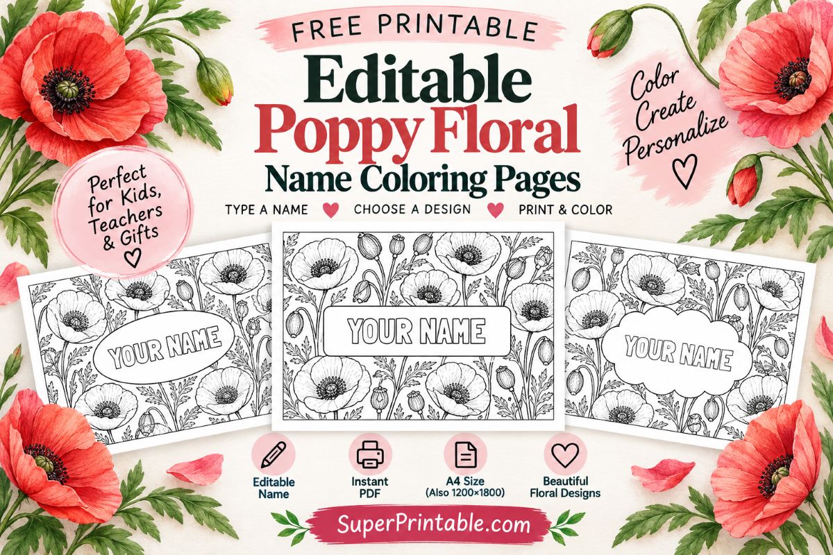 Editable Poppy Floral Name Coloring Pages