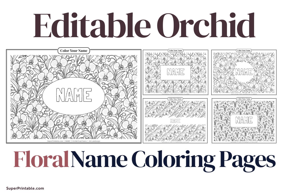 Editable Orchid Floral Name Coloring Pages