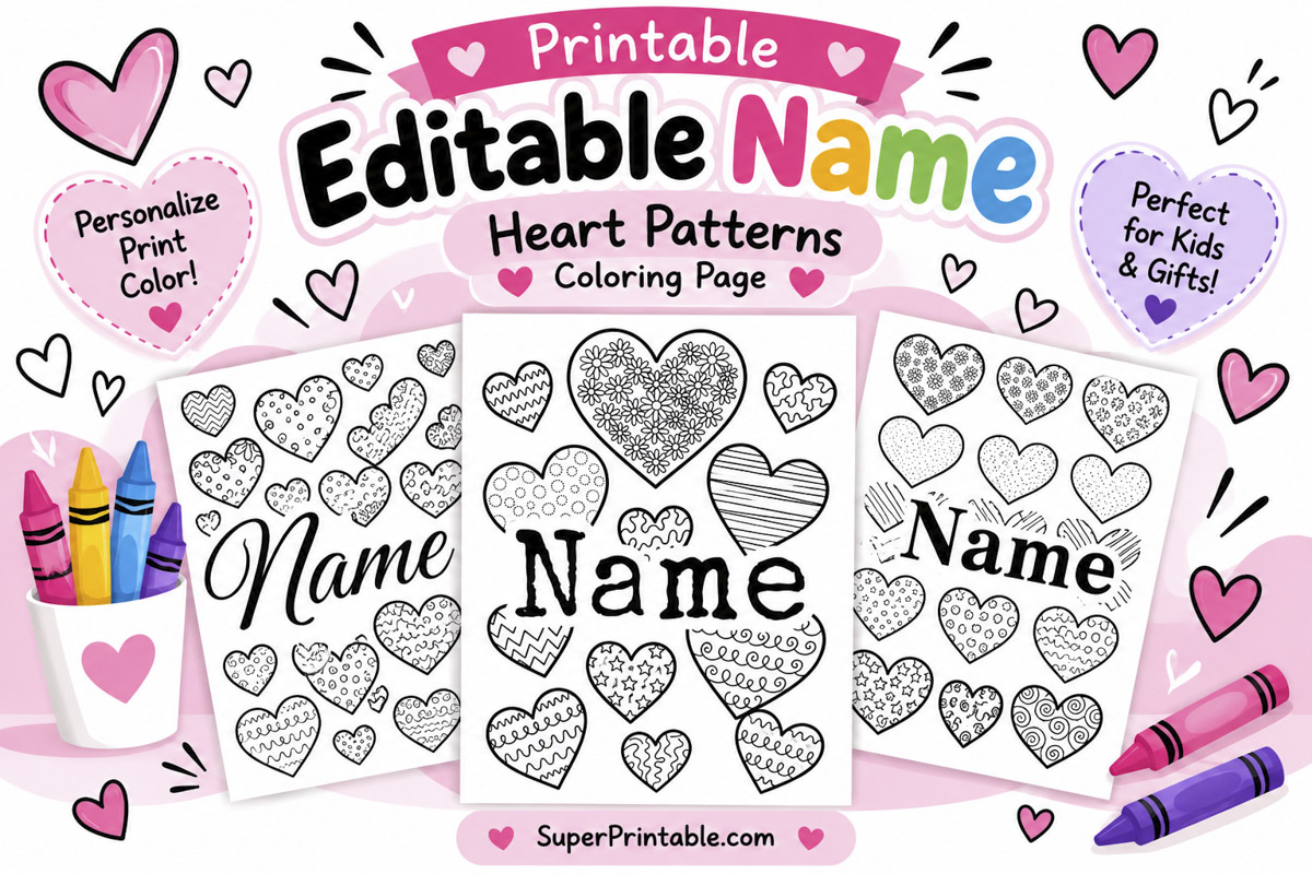 Printable Editable Name Heart Patterns Coloring Page