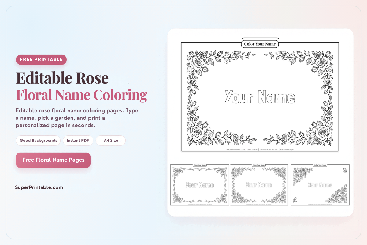 Editable Rose Floral Name Coloring Pages