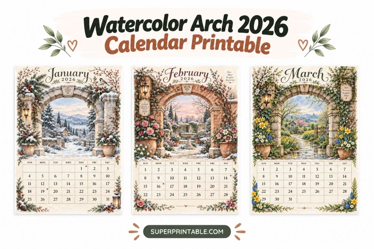 Watercolor Arch 2026 Calendar Template Printable