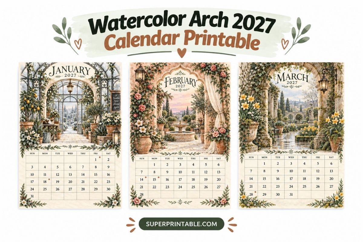 Watercolor Arch 2027 Calendar Template Printable