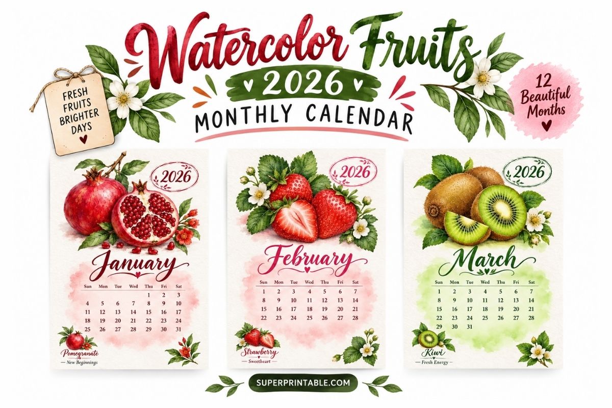 Free Watercolor Fruits 2026 Monthly Calendar