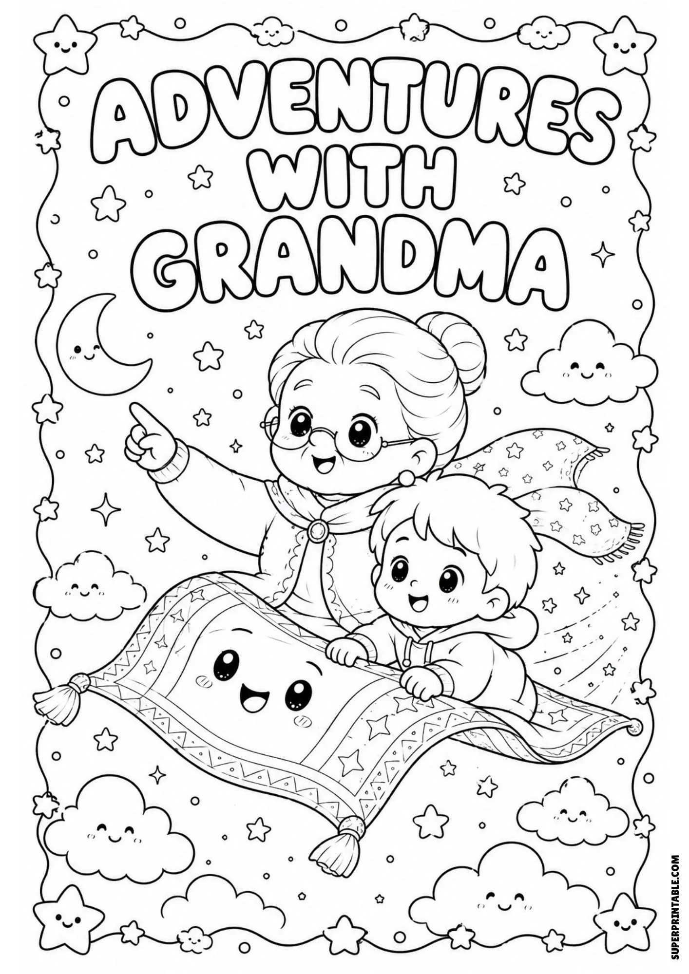 Line art illustration of a grandmother and young boy flying on a magical carpet through starry clouds.