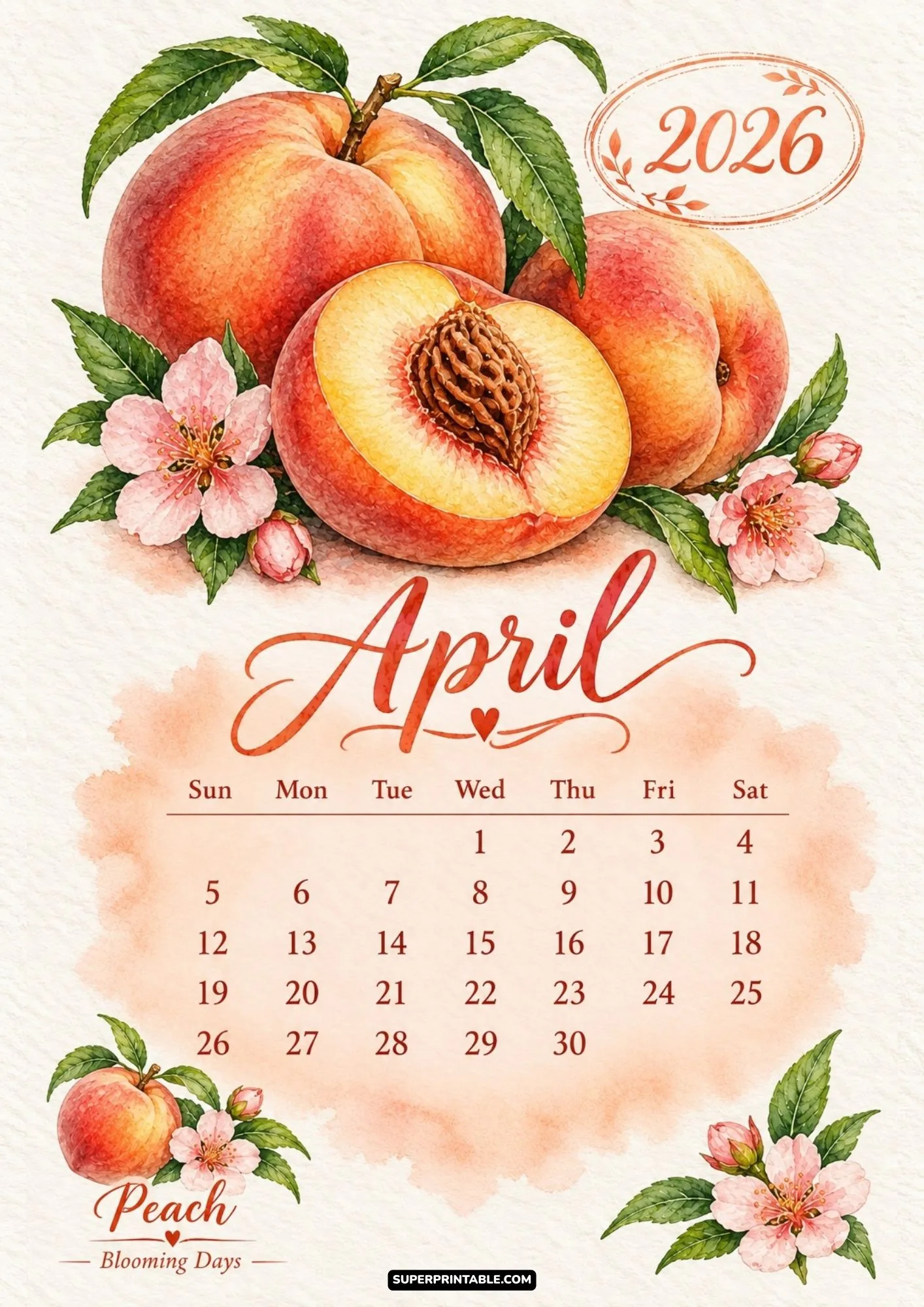 April 2026 wall calendar sheet decorated with watercolor peach fruit illustrations and pink blossoms.