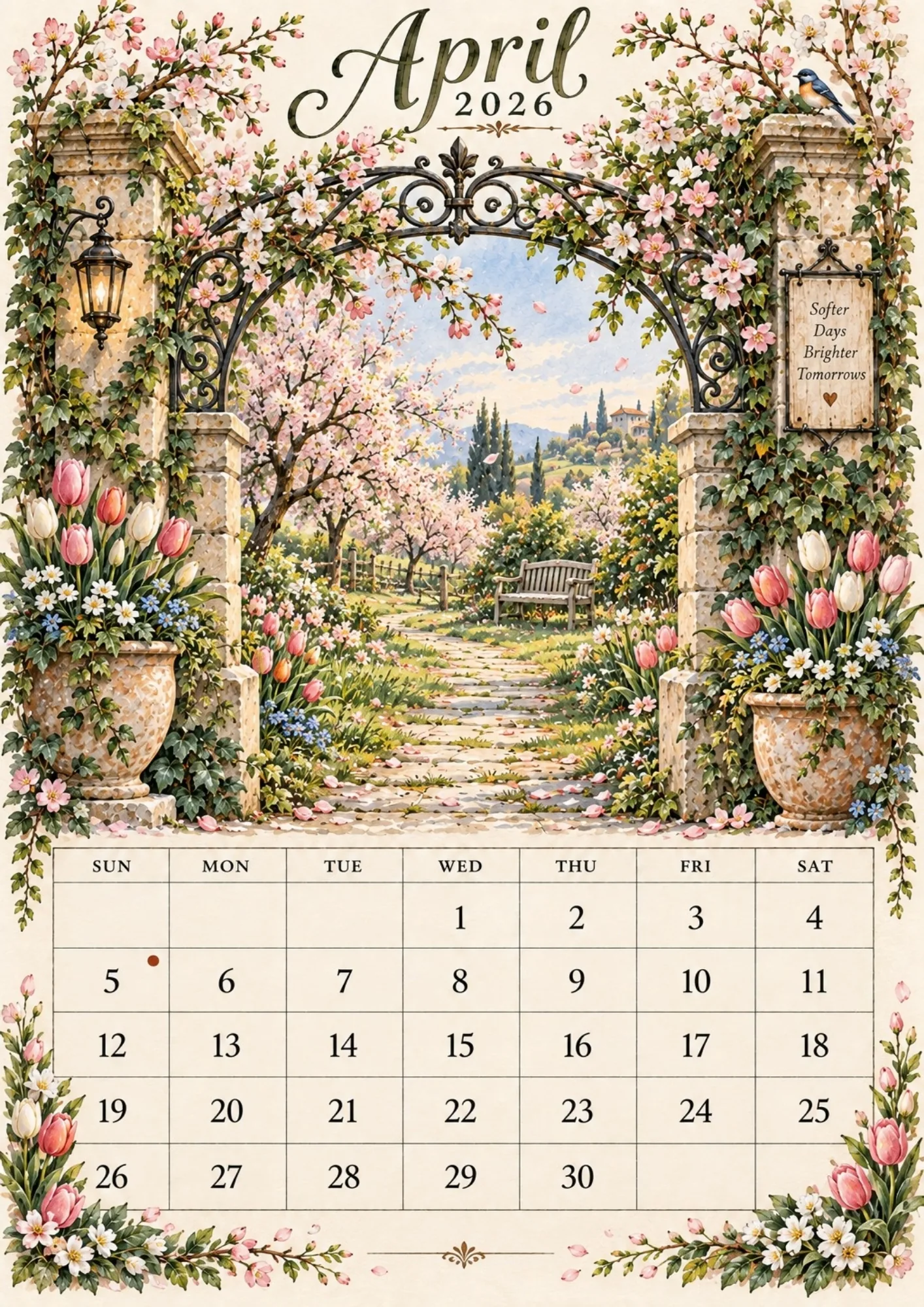 April 2026 printable calendar page with wrought iron gate, pink tulip planters, and spring blossoms.