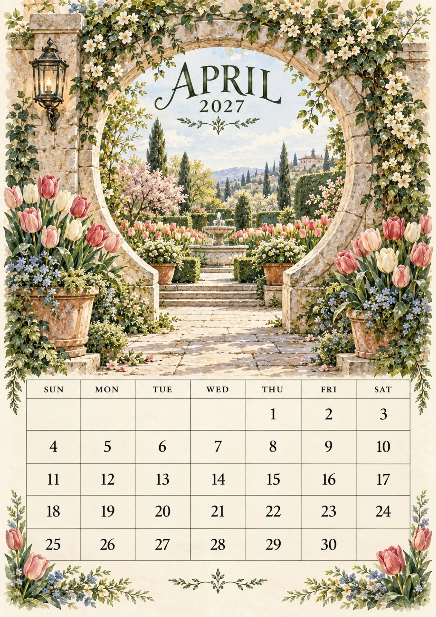 April 2027 printable monthly calendar with a circular stone moon gate and vibrant pastel tulip planters.