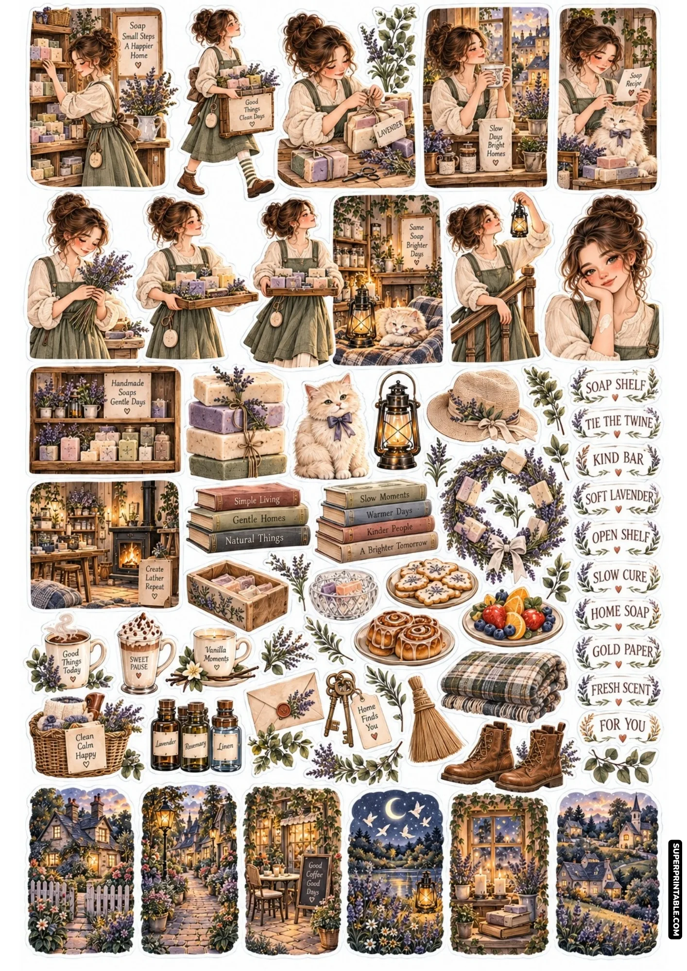 Handmade herbal soap pantry stickers showing girls wrapping lavender soap blocks, rustic wooden shelves, and honey tea.