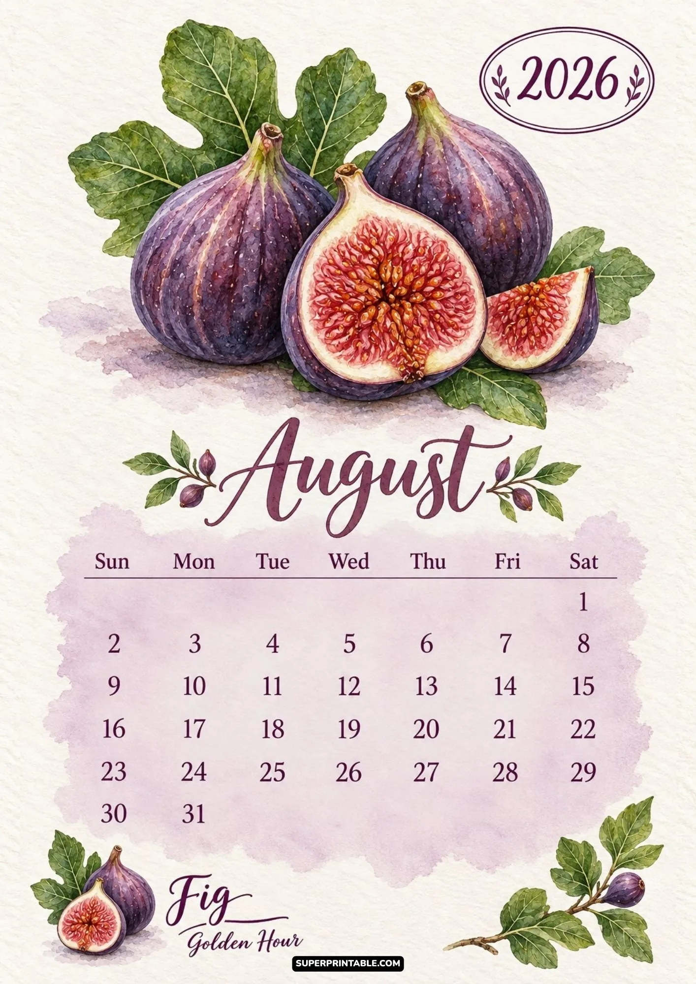 August 2026 monthly calendar featuring rich purple watercolor fig artwork and late summer styling.