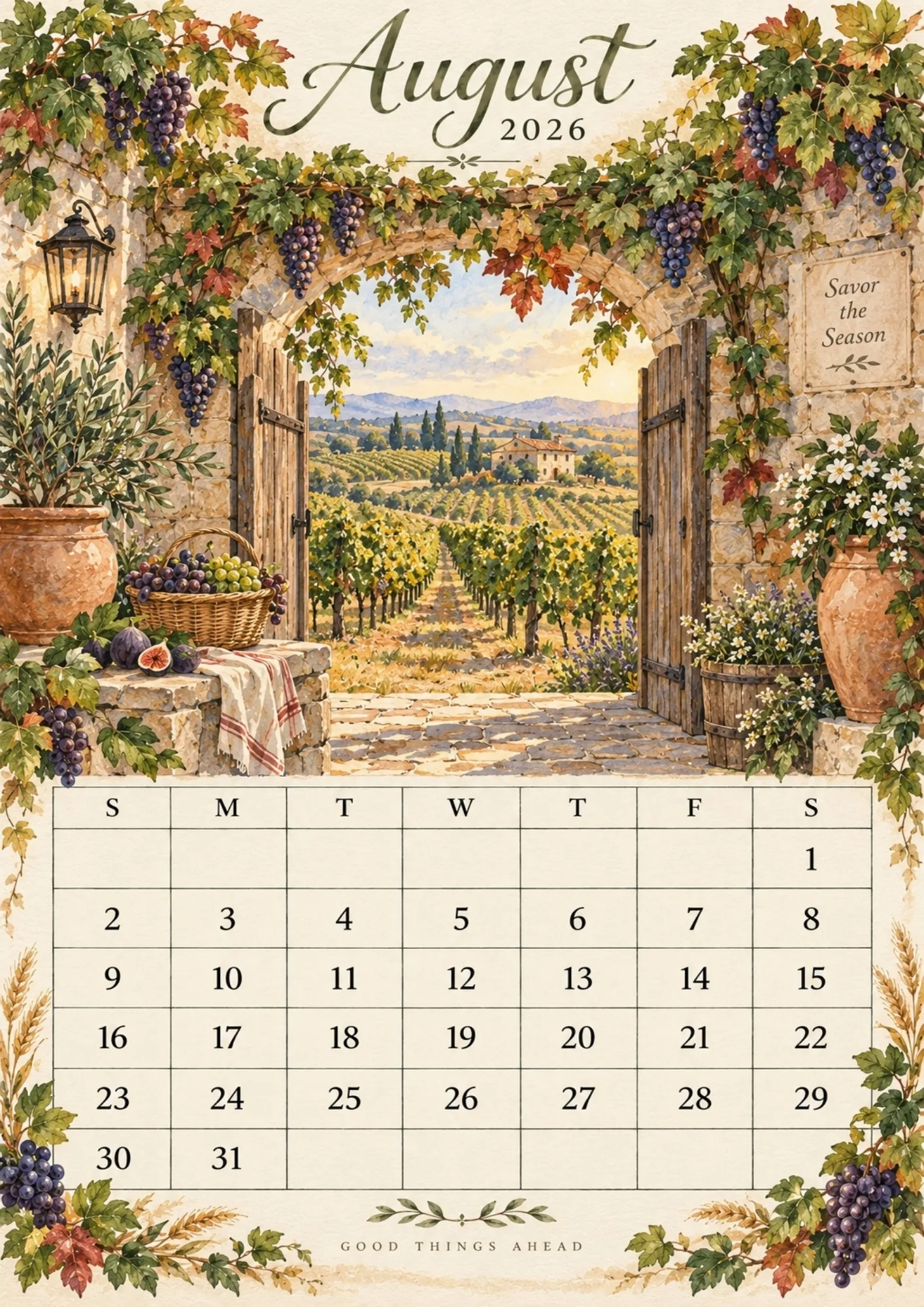 August 2026 calendar sheet depicting ripe purple grapes, rustic wooden gates, and rolling vineyard hills.
