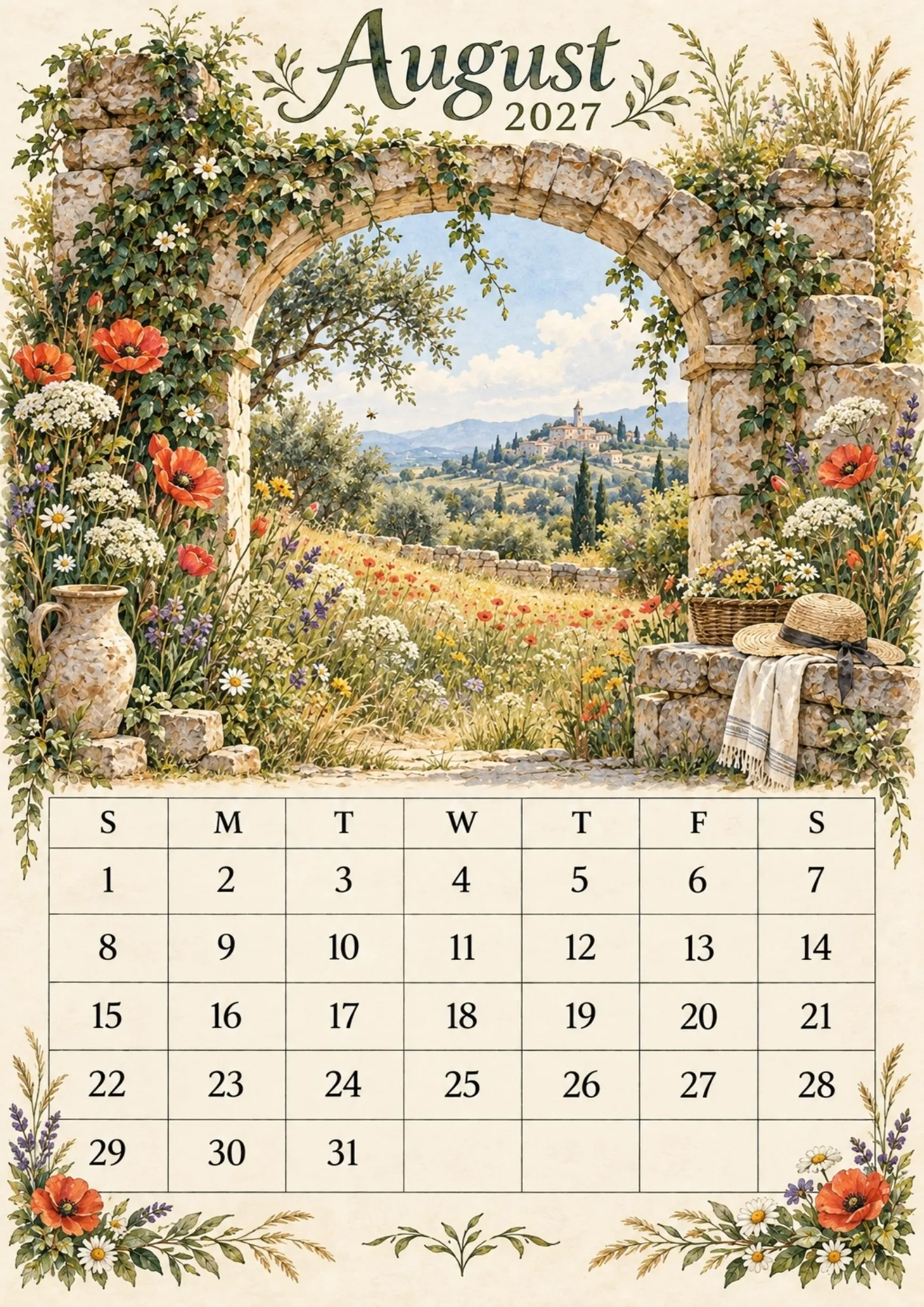 August 2027 calendar sheet depicting red poppies, a straw hat, and rolling Tuscan countryside hills.