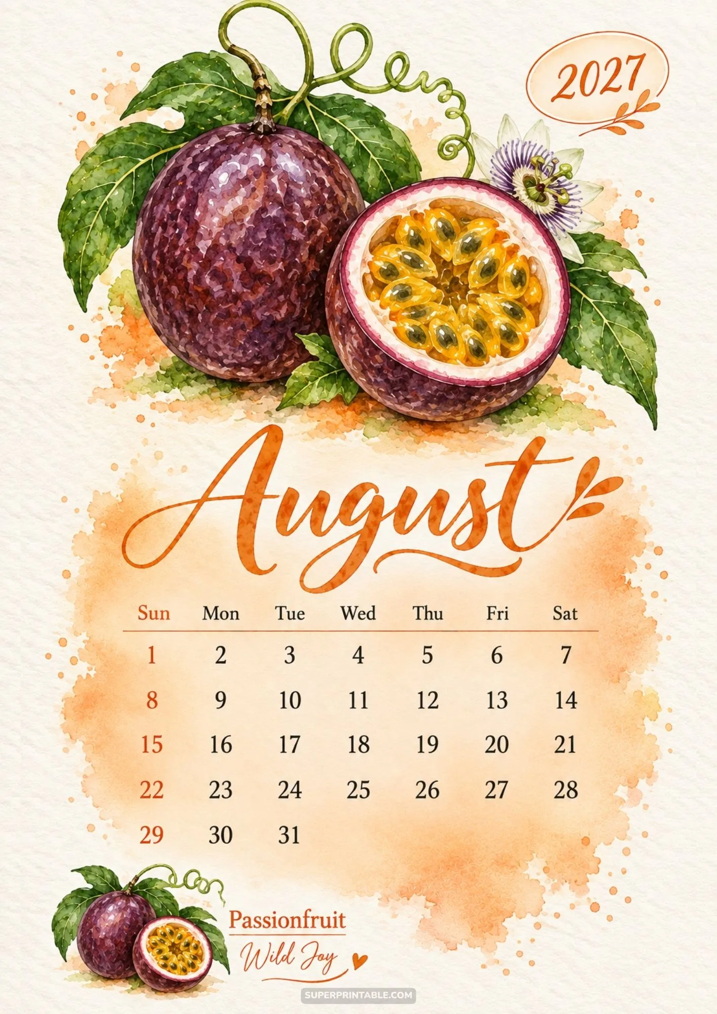 August printable calendar layout with detailed watercolor passionfruit halves and flower vine.