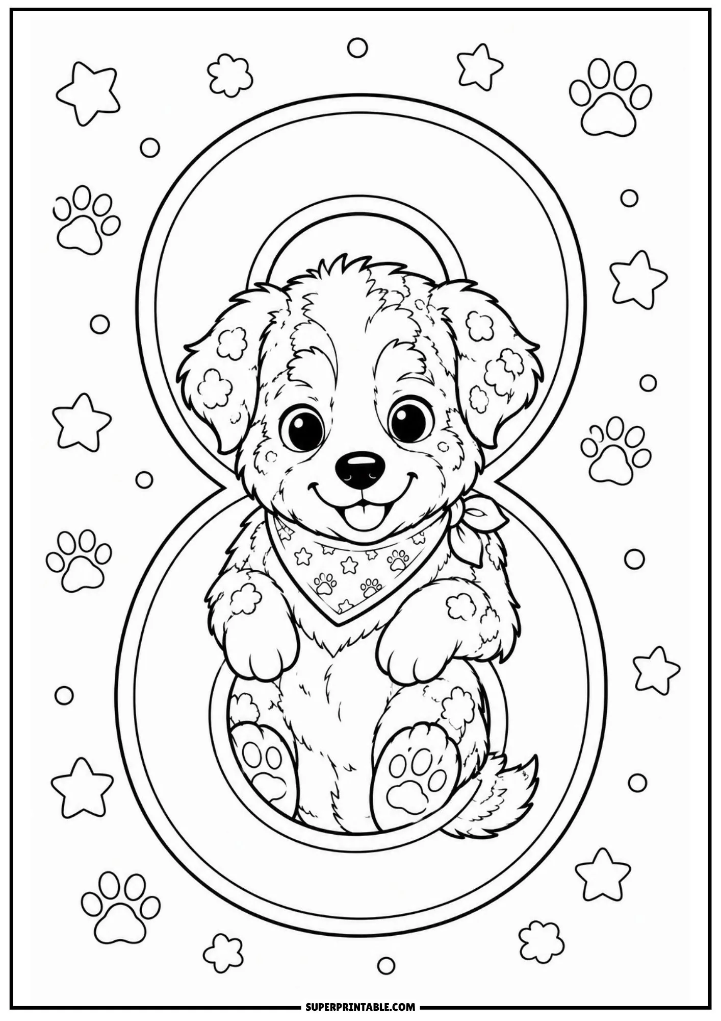 An Australian Shepherd puppy sitting inside the bottom circle of number eight with star and paw details.