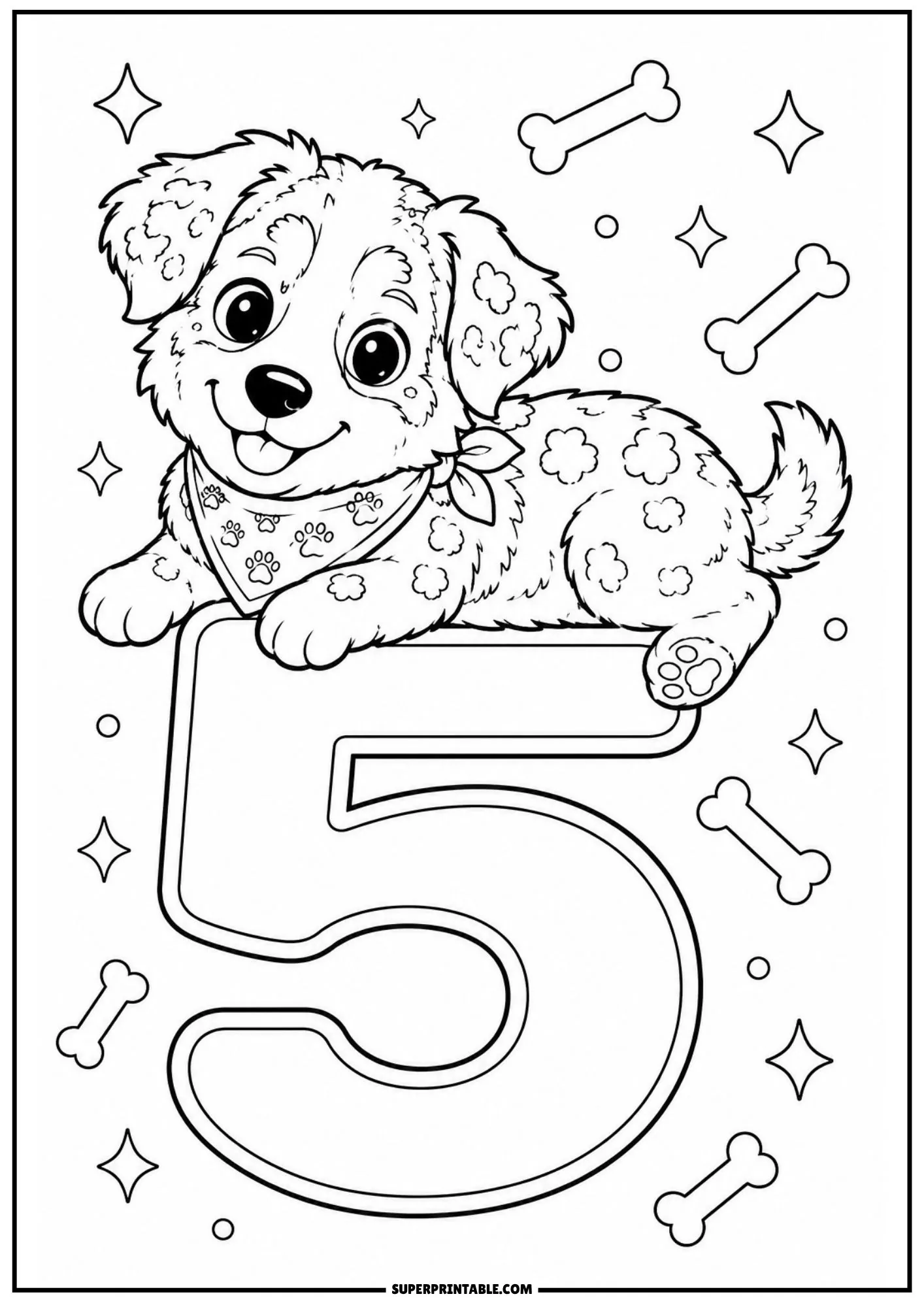 A cute Australian Shepherd pup lying across the top of a big number five with stars and dog treats around.
