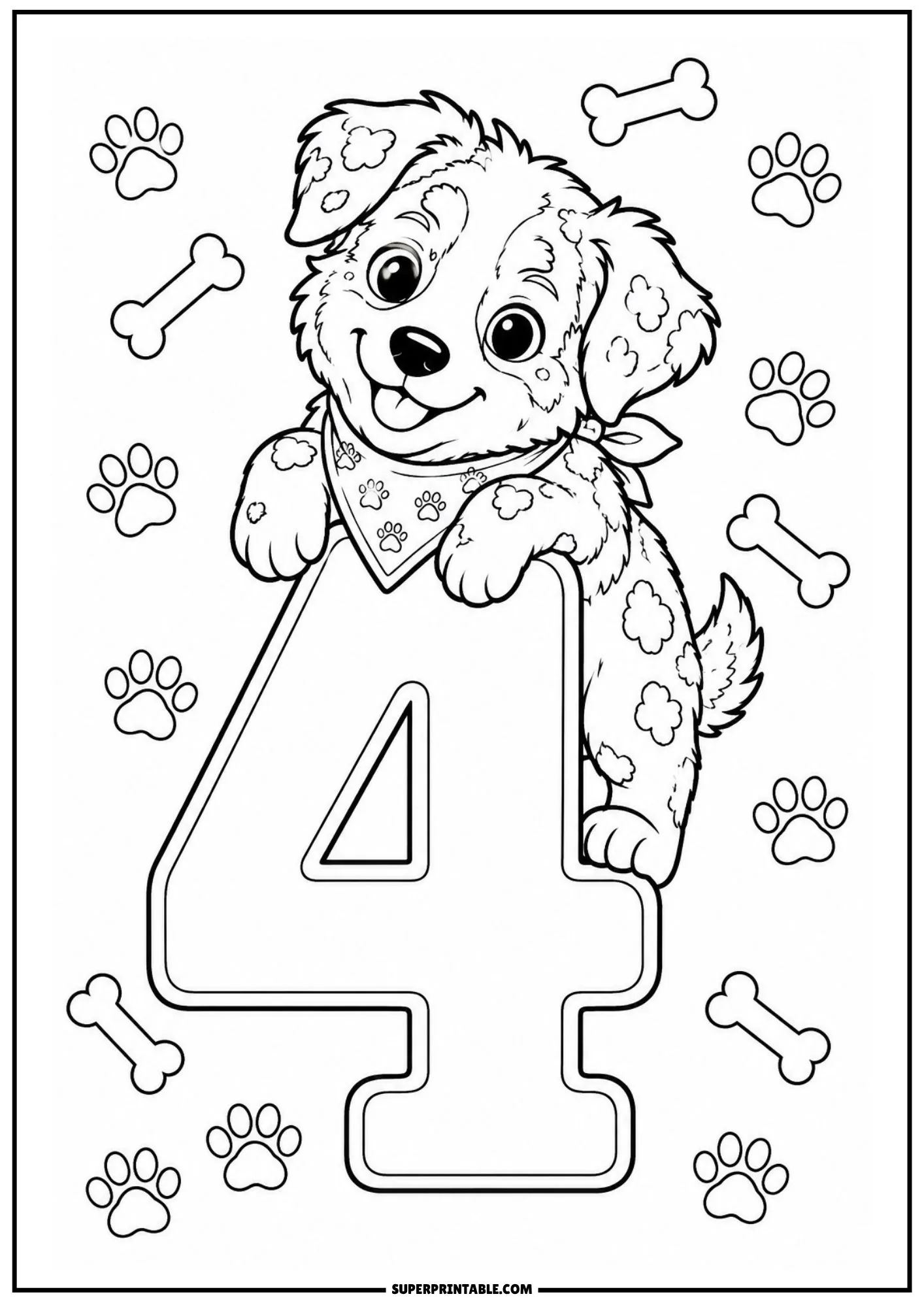 A smiling Australian Shepherd puppy leaning over a large outline of number four with scattered paw prints.