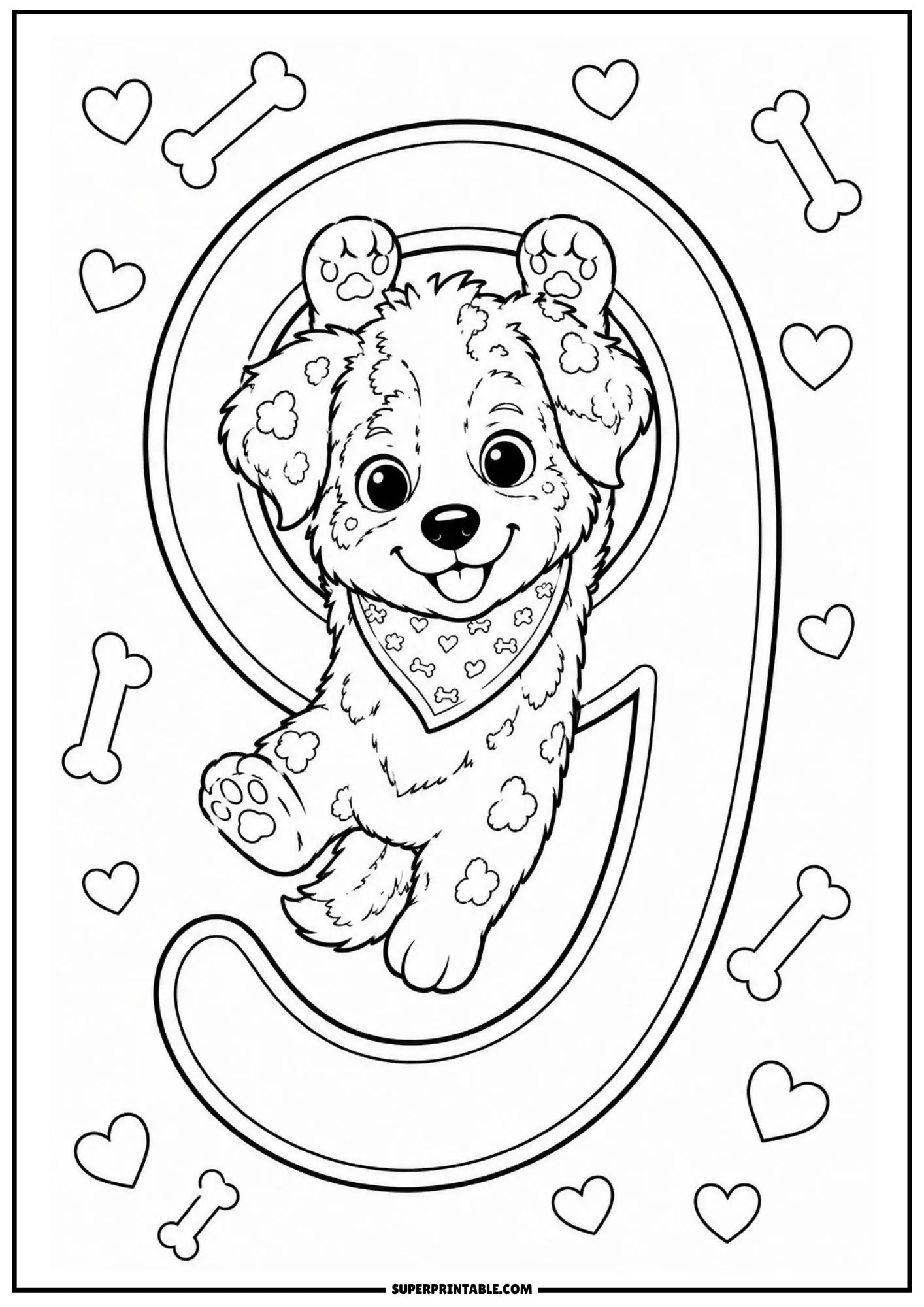 A cheerful Australian Shepherd puppy playing inside a large numeral nine surrounded by hearts and dog bones.