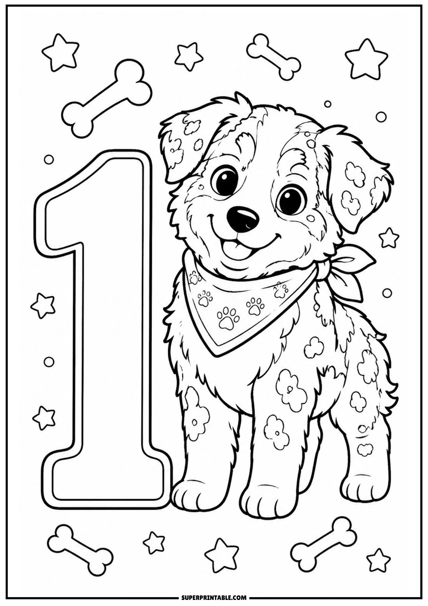 A standing Aussie puppy next to number one on these australian shepherd puppy coloring pages.