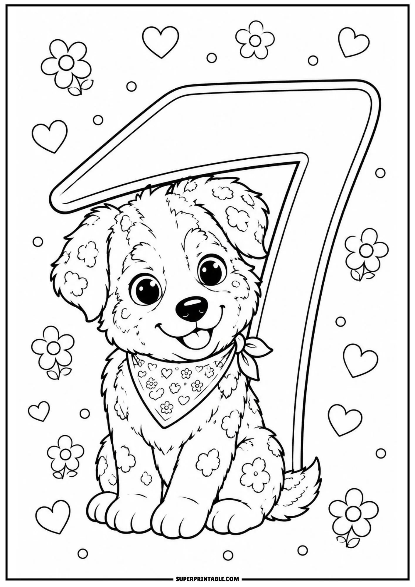 An upright Australian Shepherd puppy seated in front of a big number seven surrounded by garden flowers.