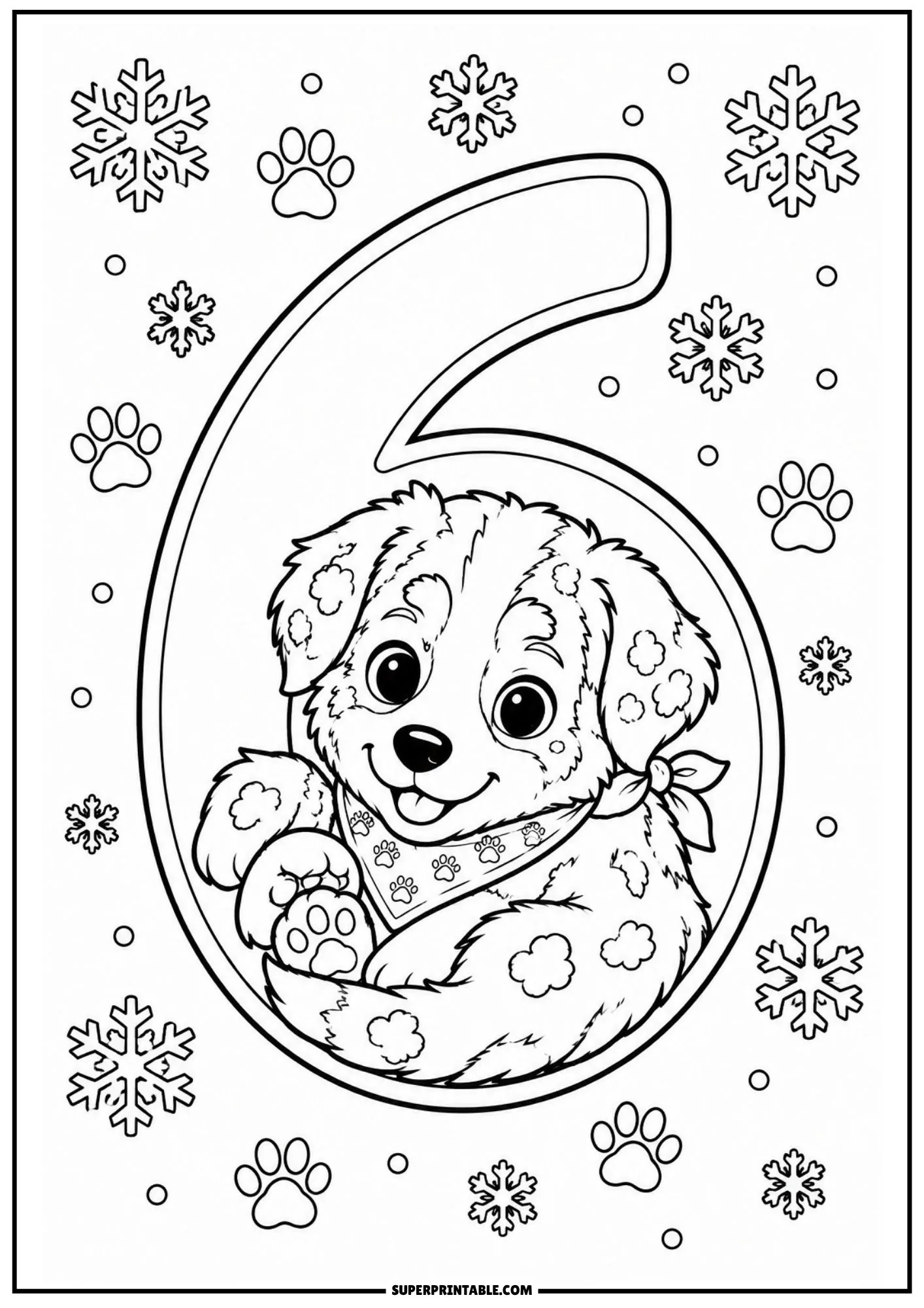 A curled-up Australian Shepherd puppy sitting inside the loop of number six with winter snowflake accents.