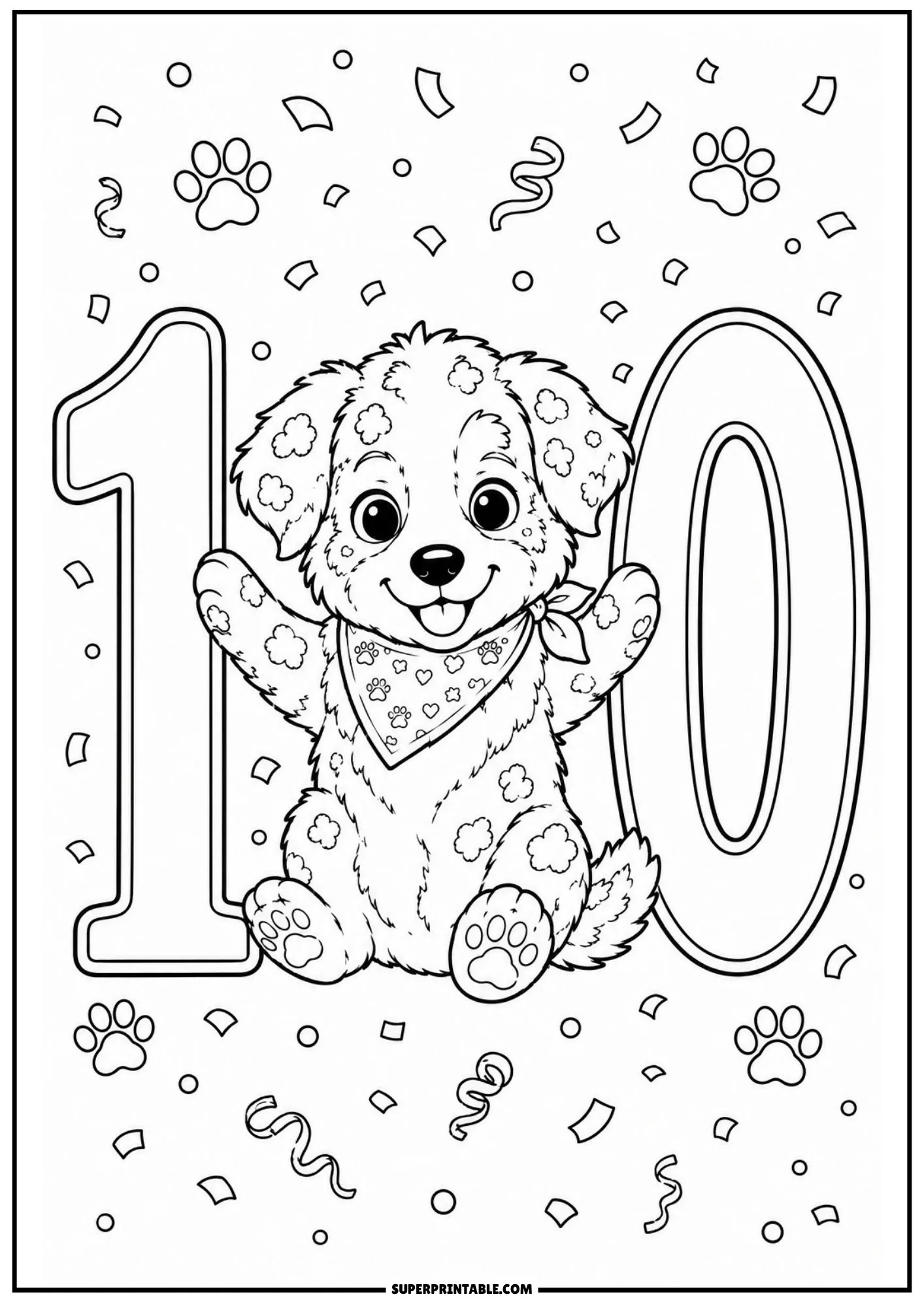 A happy Australian Shepherd puppy waving paws between number 10 digits with festive party confetti around.
