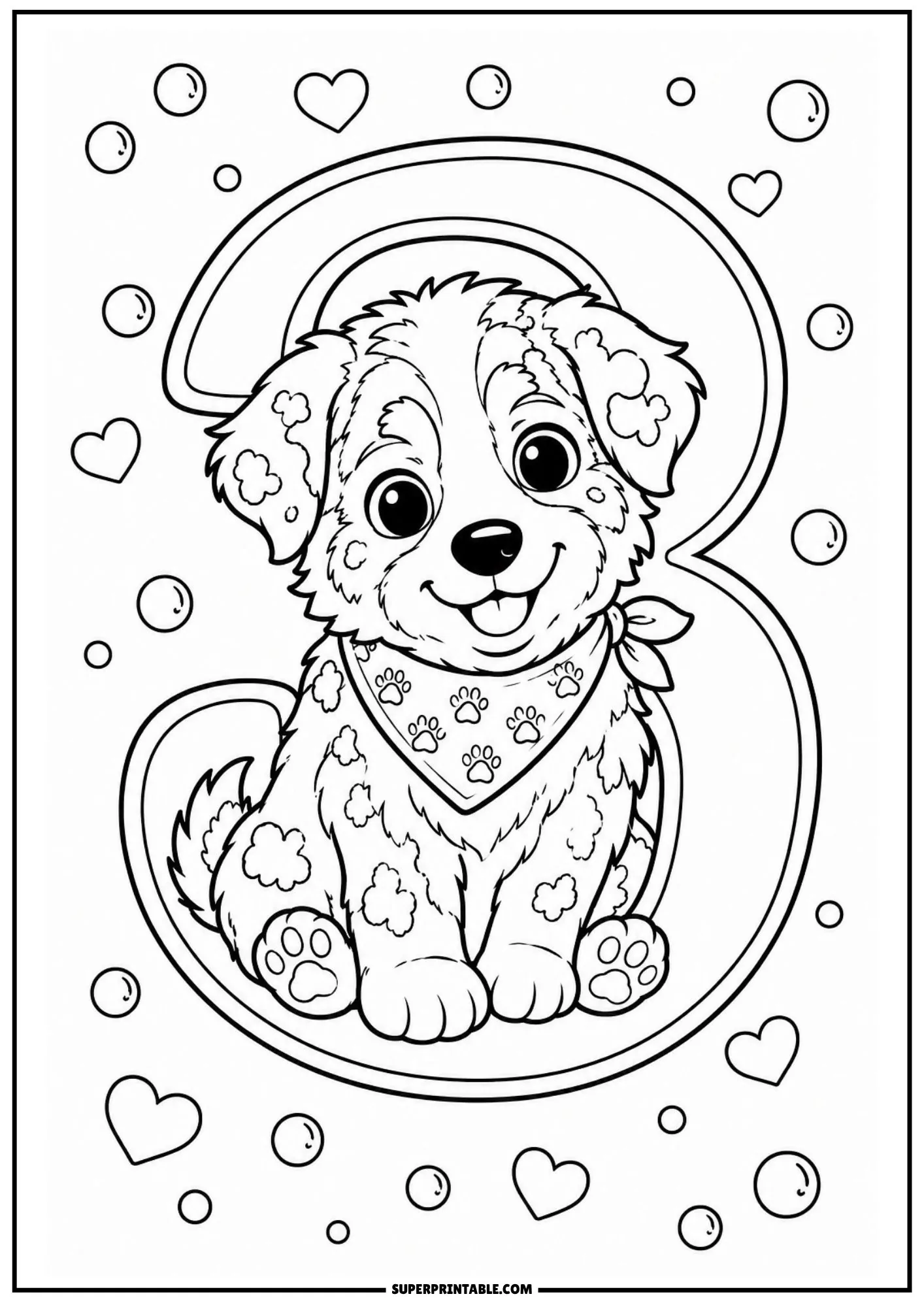 A cute Australian Shepherd puppy sitting inside a number three outline with floating bubbles and hearts.