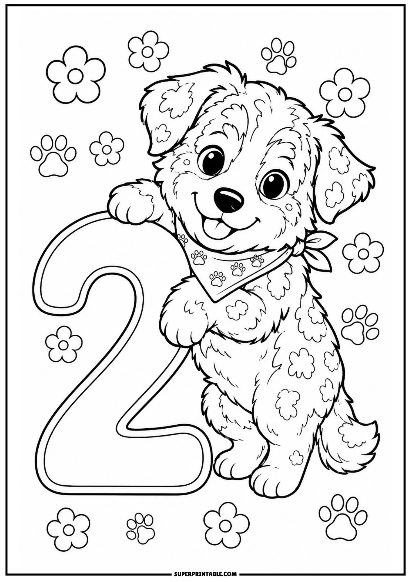 A playful Aussie puppy peeking over a large number two outlined with background flowers and paw prints.