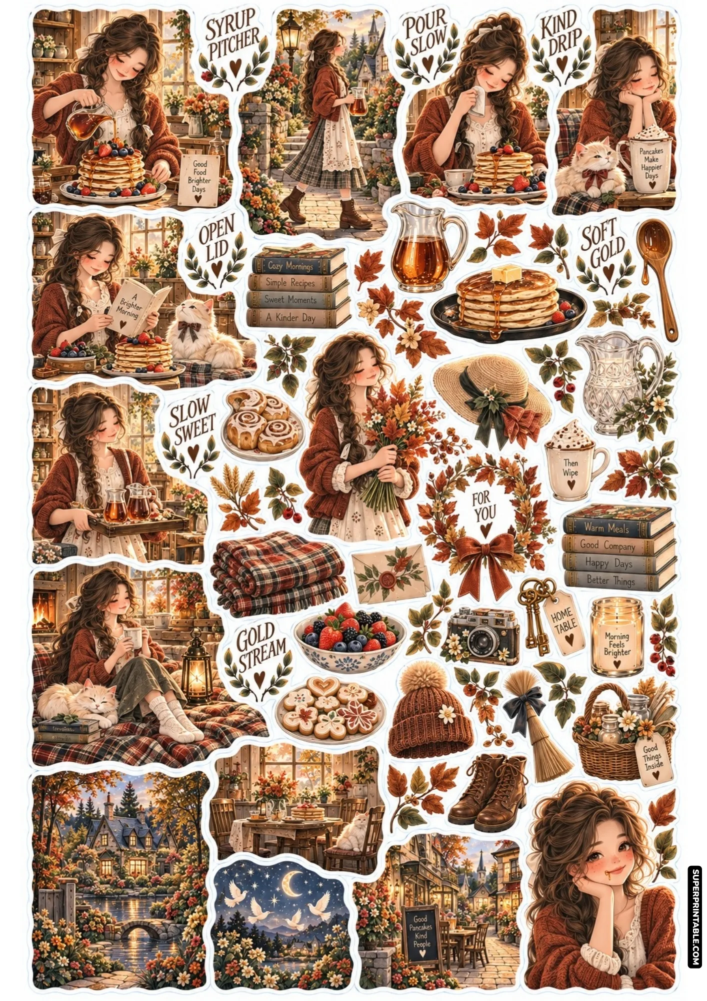 Cozy pancake morning sticker sheets featuring warm autumn flannel, syrup pitchers, and sleepy cats